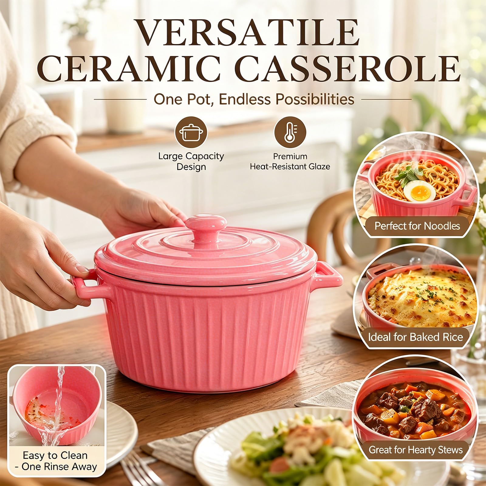 Plat à Gratin en Céramique avec Couvercle, 1,2L, Mini Cocotte avec Poignées, Grand Bol pour Lasagnes, Ramen, Pâtisserie, Moules Ronds pour Four, Micro-ondes, Rose Framboise