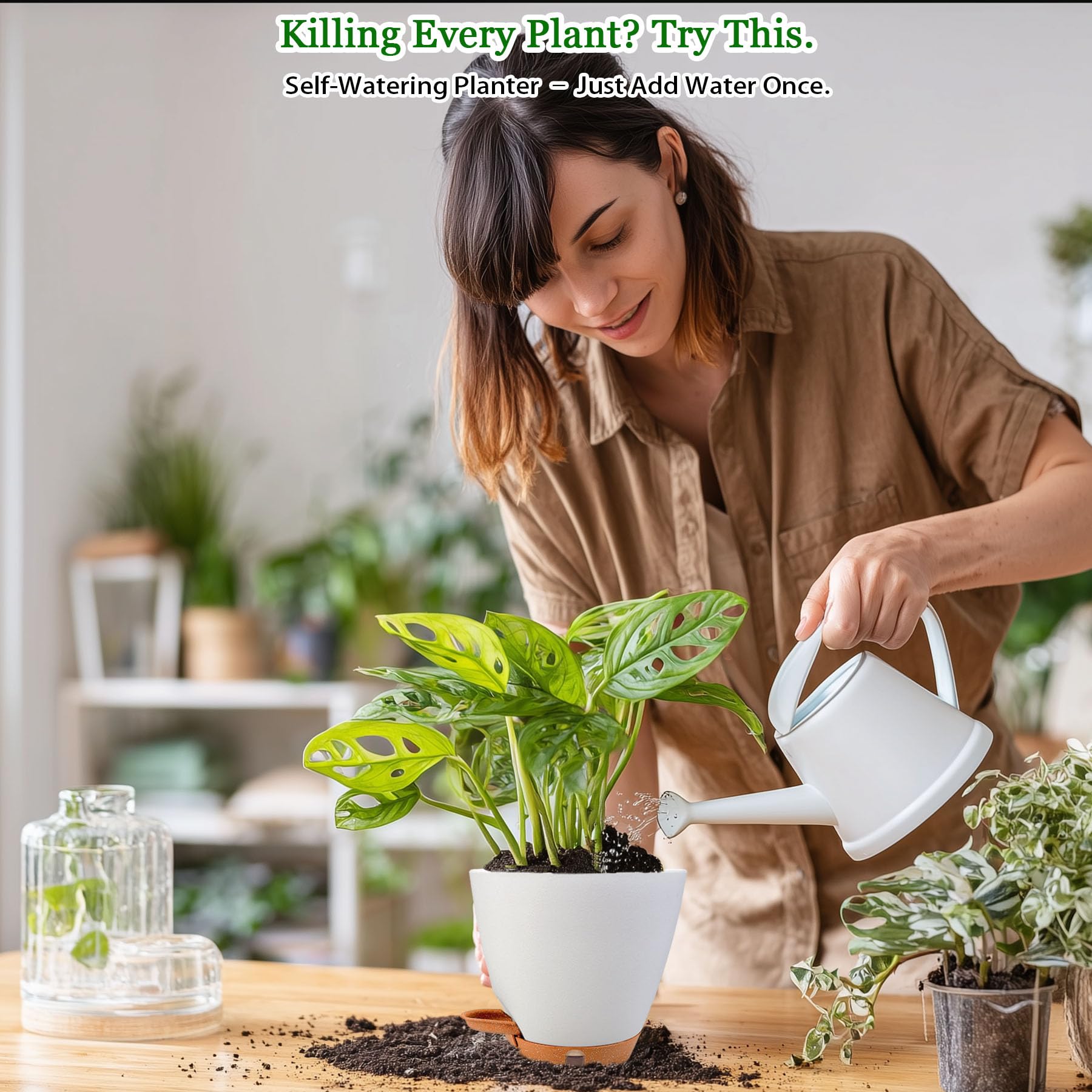 Macetas de riego automático para plantas de exterior Inoor de 8/7/6.5/6/5 pulgadas, macetas de plástico con agujeros de drenaje e indicador de nivel de agua, macetas decorativas con platillos