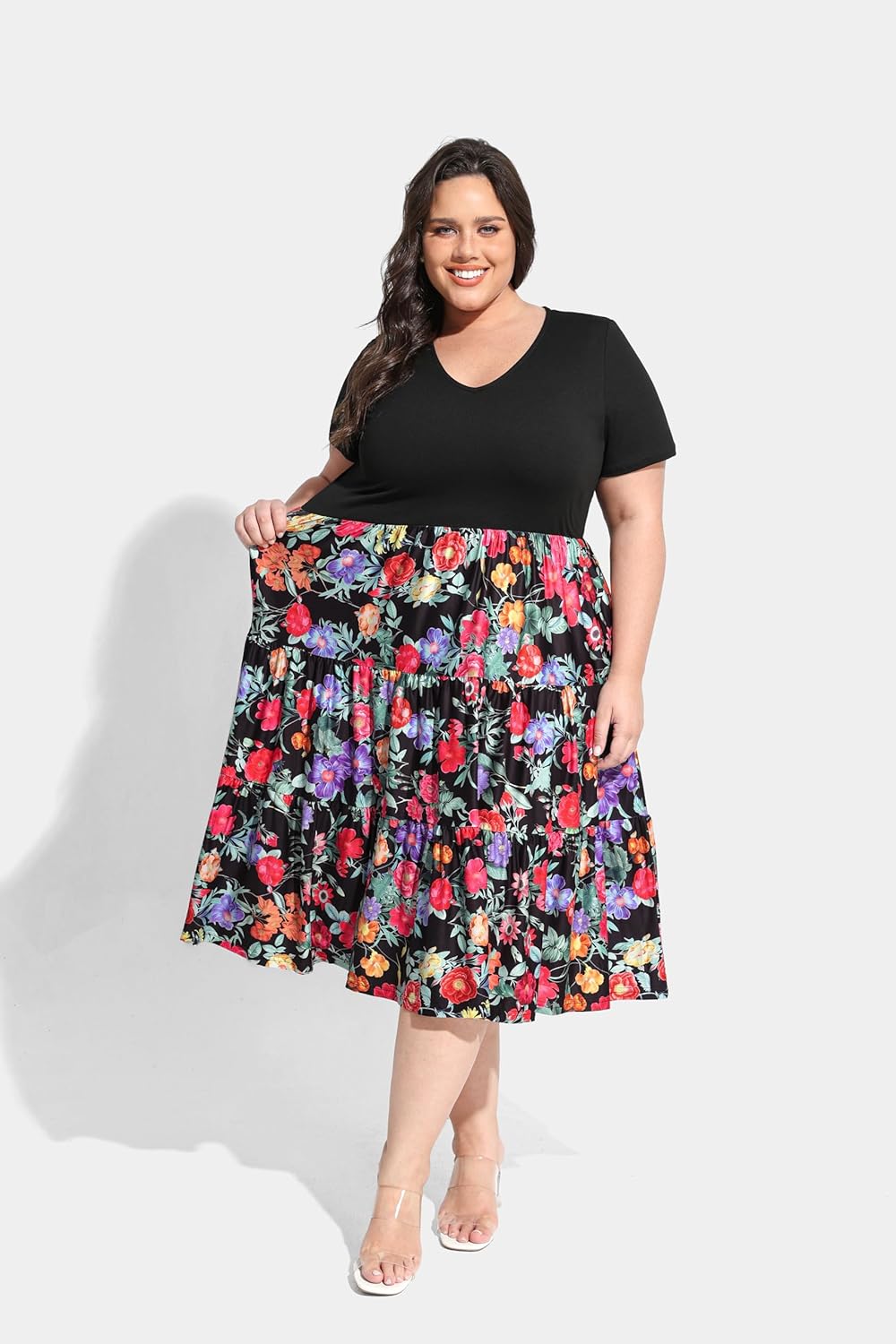 CARCOS Plus Size Dresses for Women Summer Short Sleeve V Neck Patchwork Dresseses XL-5XL - Image 4