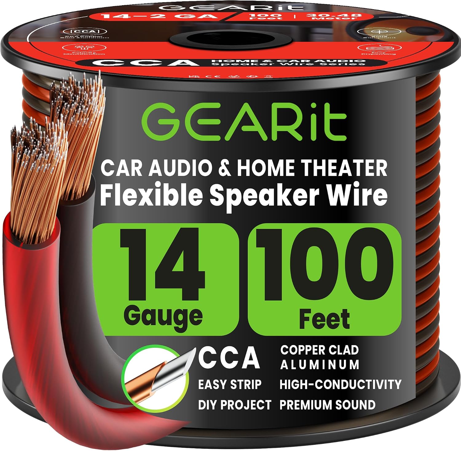 GEARit 14 Gauge Speaker Wire 100FT,14/2 Speaker Cable for Home & Car Audio | Speaker Wire 14 Gauge with Foot Markers,Polarity Marked,14 AWG Speaker Wires for DIY Installations (CCA,Black Red)