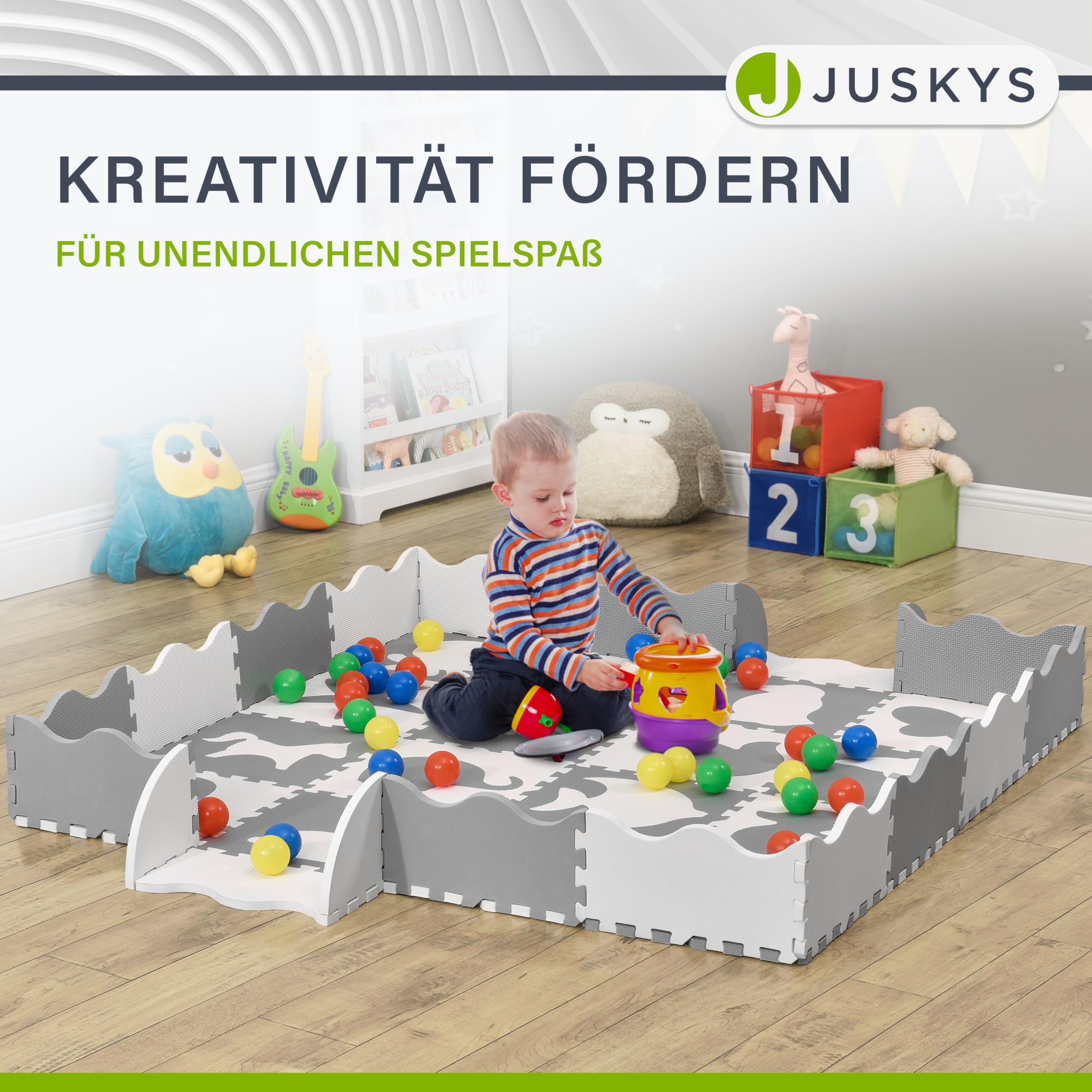 Juskys Kinder Puzzlematte Timon 36 Teile mit 16 Tieren in grau weiß - rutschfest & abwischbar Puzzle ab 10 Monate - Eva Schaumstoff - Spielmatte