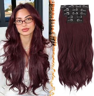 BARSDAR Clip-In Extensions Red 50 cm Wavy Clip-In Hair Extensions for Women 5 Pieces Full Head Hair Extensions Synthetic H...