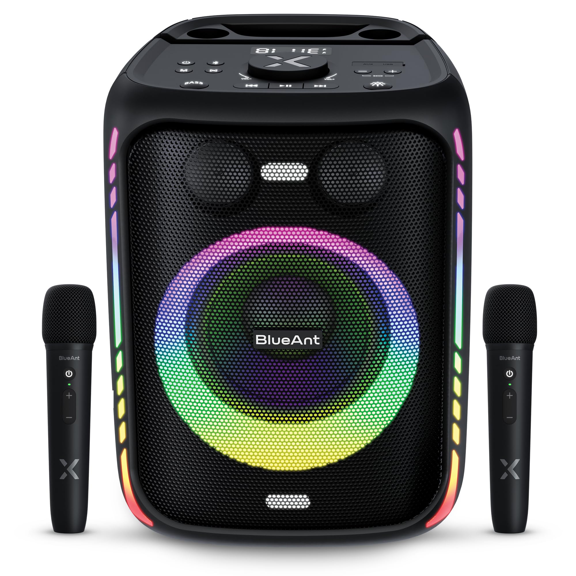 BlueAnt X5i 120W Bluetooth Party Speaker, Powerful Bass Boost, 30-Hours Playtime, 2 Wireless Microphones, 7 Lightshows, Powerbank, USB, Duo Mode, Built-in Phone/Tablet Holder, Black