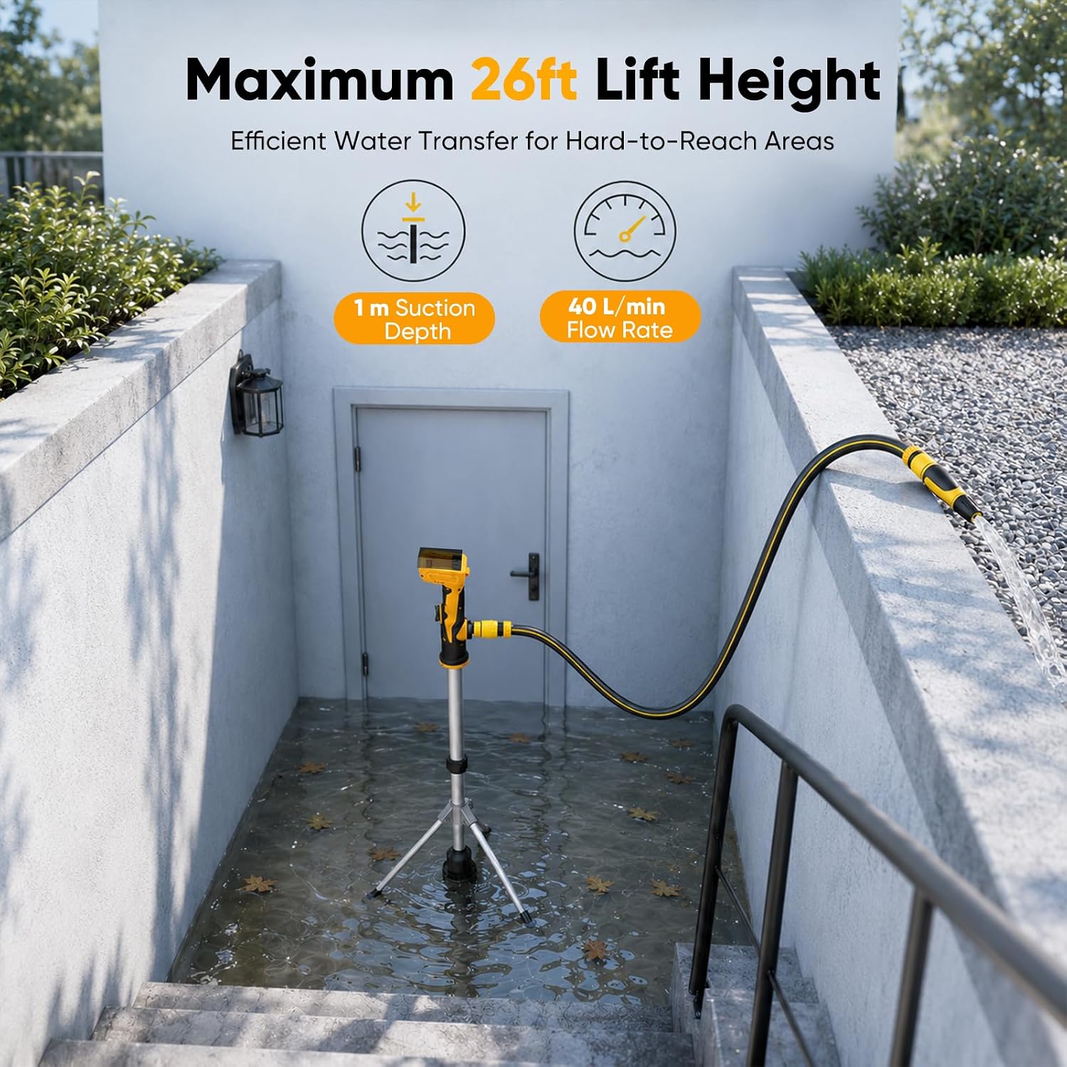 Cordless Stick Water Transfer Pump with Tripod Compatible with DeWalt 20V | 720 GPH brushless motor; 26 ft max lift; 4 lb design; 3/4 in hose outlet; battery and charger not included, Fit 20V Battery