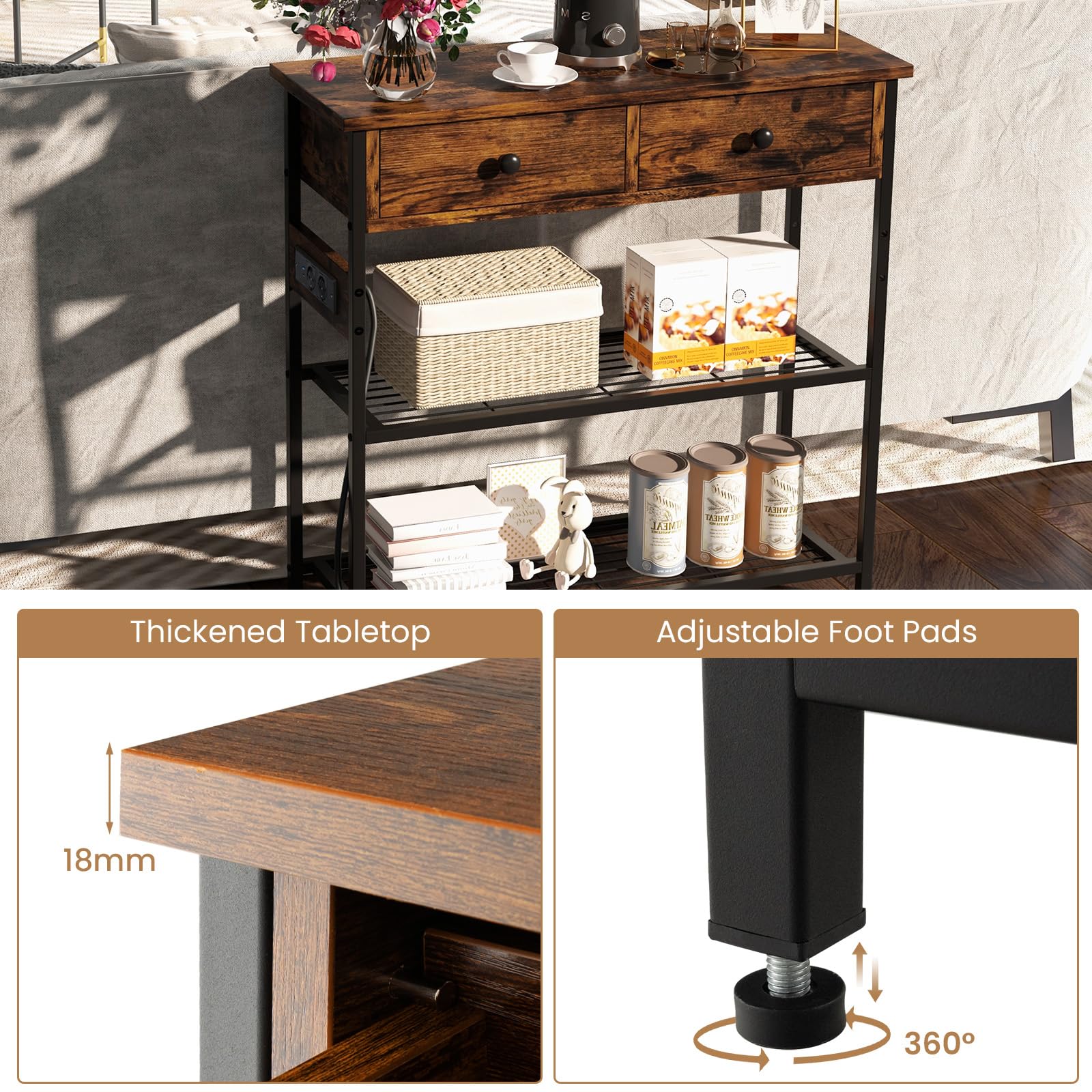 LIFEZEAL Mesa de Consola con Toma de Corriente y Puertos USB, Mesa de Pasillo Industrial Puertos USB, Mueble de Entrada con 2 Cajones, 81 x 30 x 81 cm, Marrón