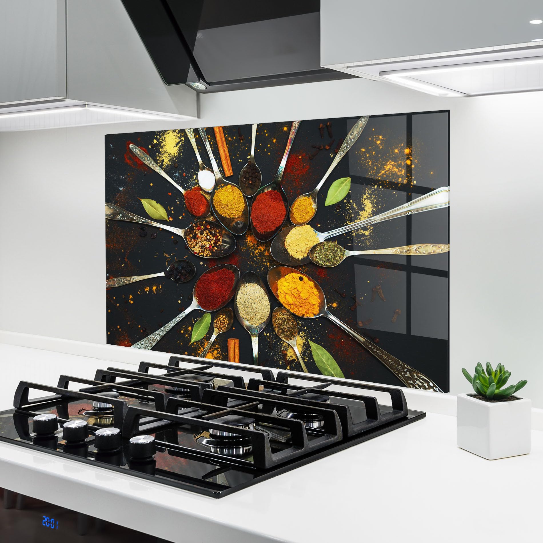 ARTHUB® Crédence de Cuisine en Verre 60x80 cm, Cooking Spoons | Protection Contre Les éclaboussures, Revêtement Mural en Carreaux, Plaque en Verre, Verre trempé, Aliments, Épices