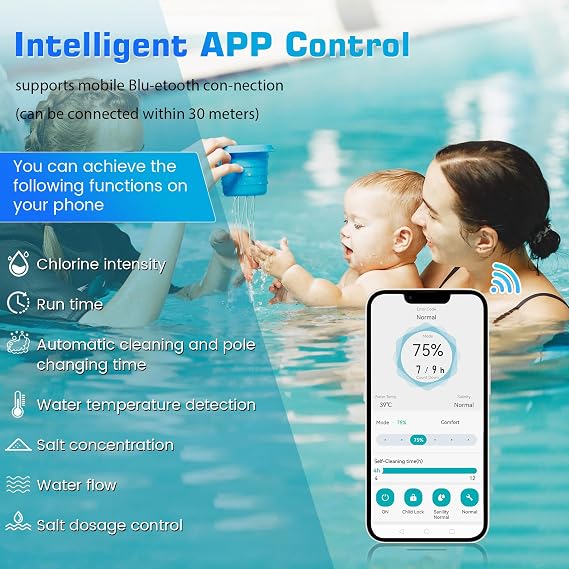 Saltwater Pool Chlorine Generator up to 15,800 Gallon, Wi-Fi App,Self-Clean | Wi-Fi App Control, Smart Digital Panel. For Above Ground Pools, Low Salt Alarm,7K-hr life,IPX5 Waterproof, Easy-to-use