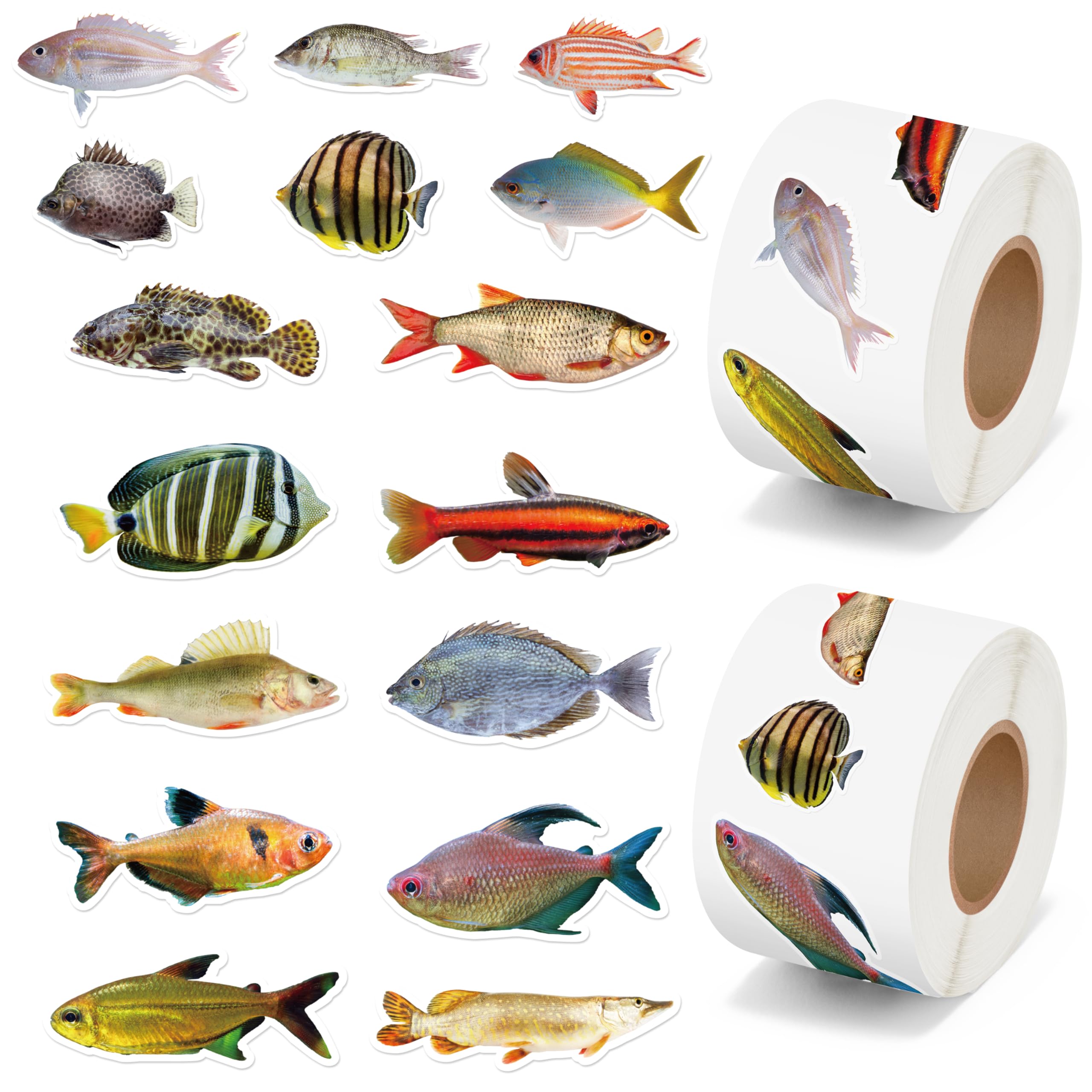 H1vojoxo Realistic Fishing Sticker Rolls - 1000PCS Fishes Stickers for Kids 16 Designs Waterproof Fishes Stickers for Water Bottles Laptop Scrapbook
