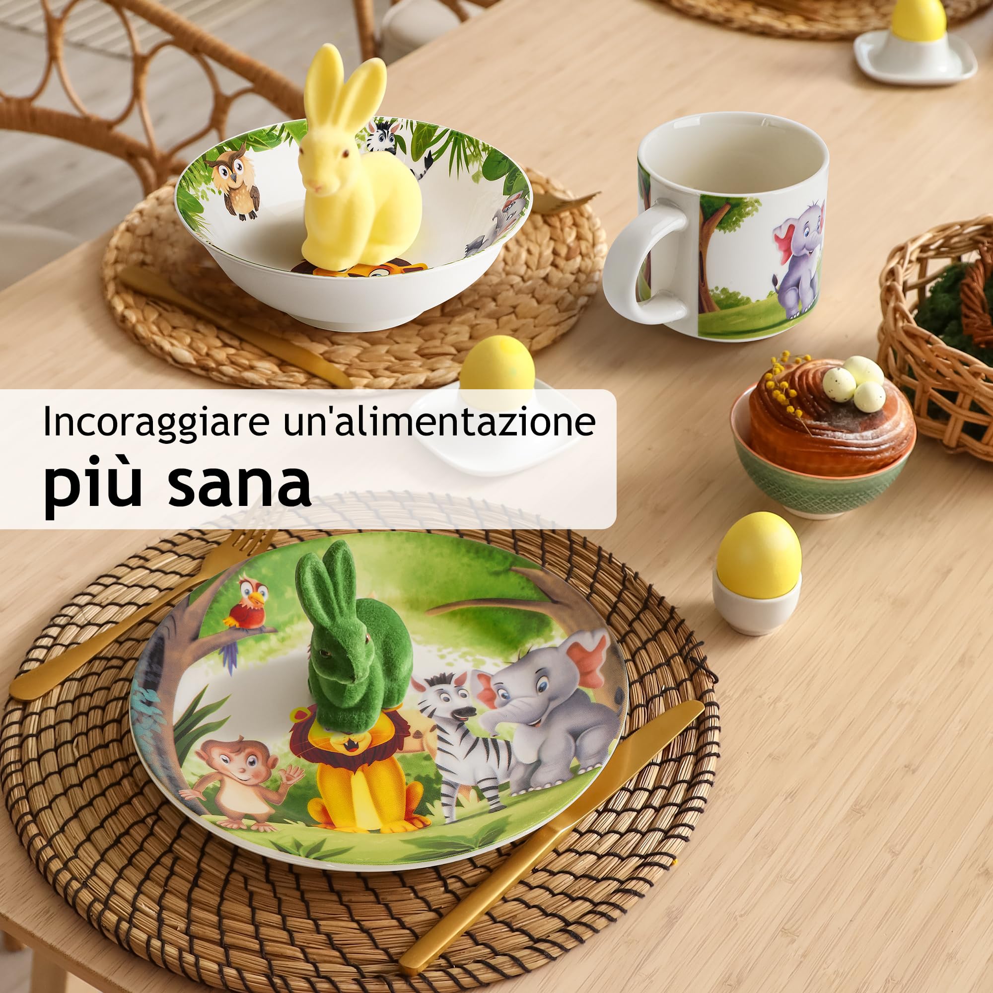 MIAMIO - Set di 3 stoviglie per bambini/piatti per bambini, set di piatti per bambini, set di stoviglie per bambini - include piatti, ciotole e tazze - per bambini e bambini piccoli (Giungla)