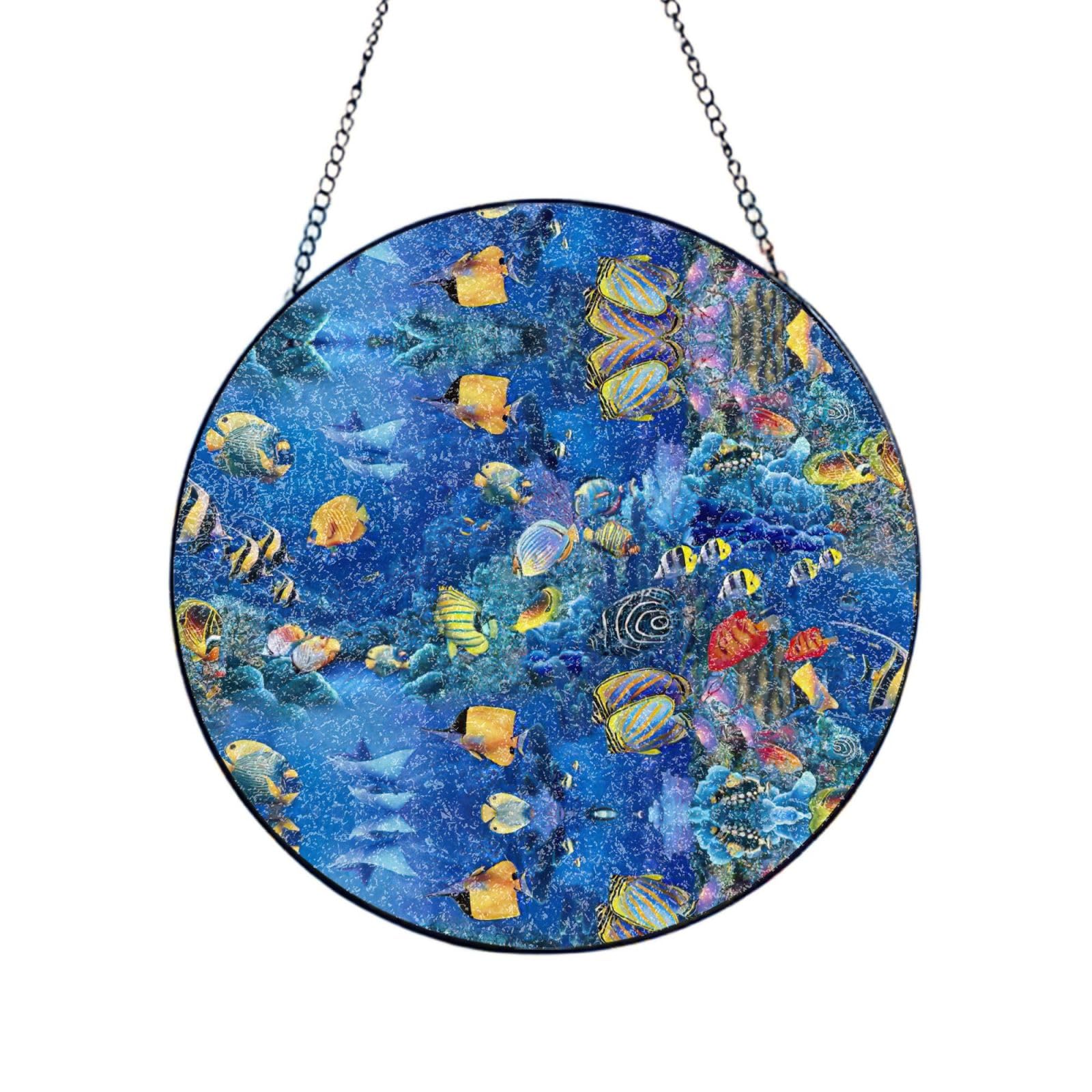 Tropical Fishes Print Glass Sun Catcher For Windows Hanging Garden Ornament Womens Gift