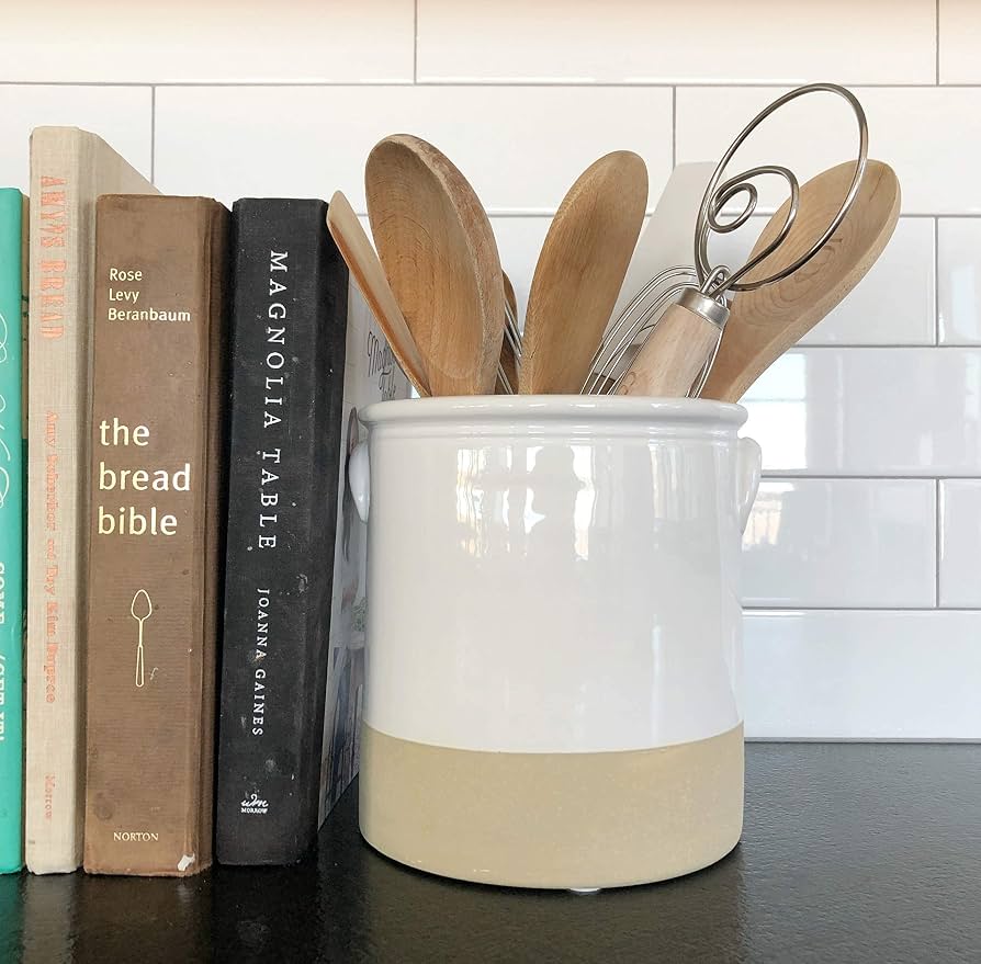 White Ceramic Utensil Holder With Rotating Acacia Wood Base | Large Capacity Countertop Organizer - View #11