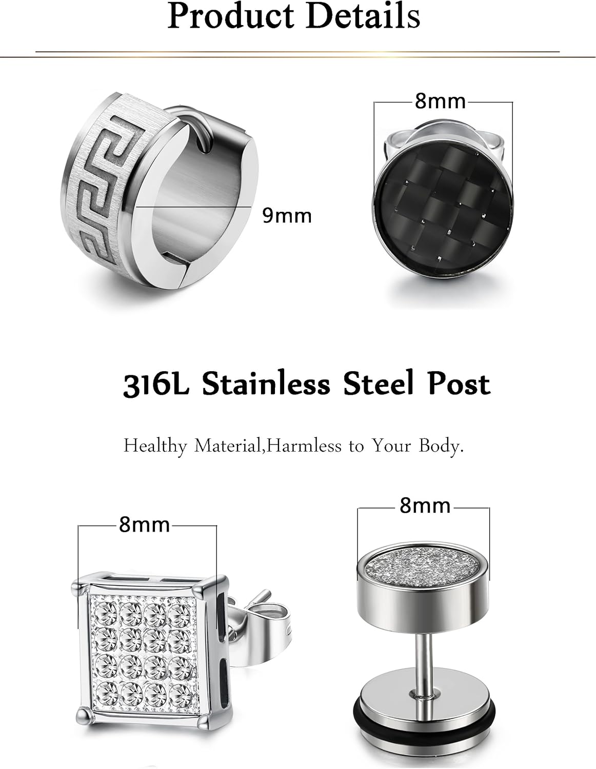 Miniatura 3 de JOERICA 4 pares de aretes de acero inoxidable con circonita cúbica para hombres y mujeres, Acero inoxidable, circonita