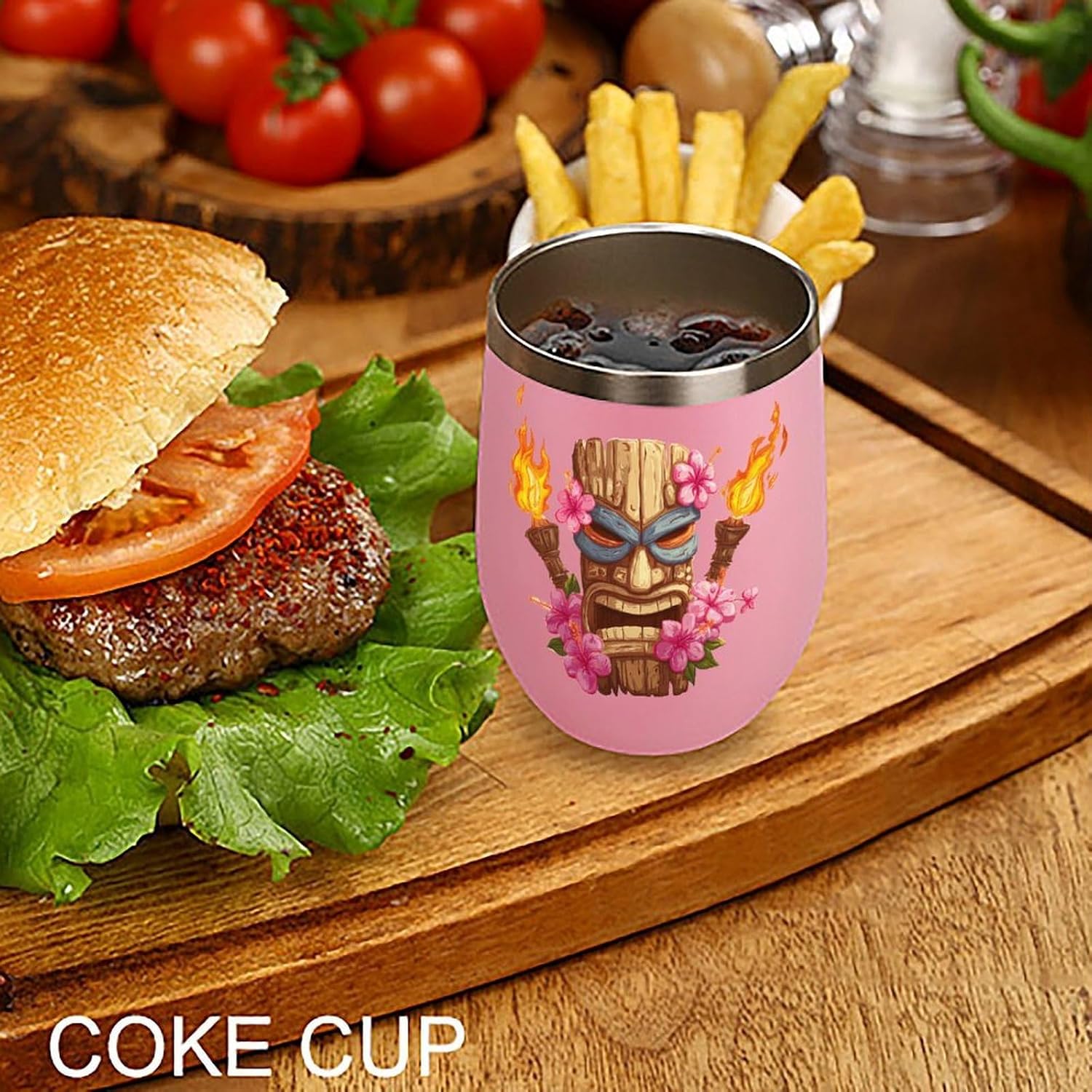 Tiki Mask Hawaiian Flowers Torches Insulated Drinking Cup Stainless Steel Coffee Mug Wine Tumbler with Lid 12OZ