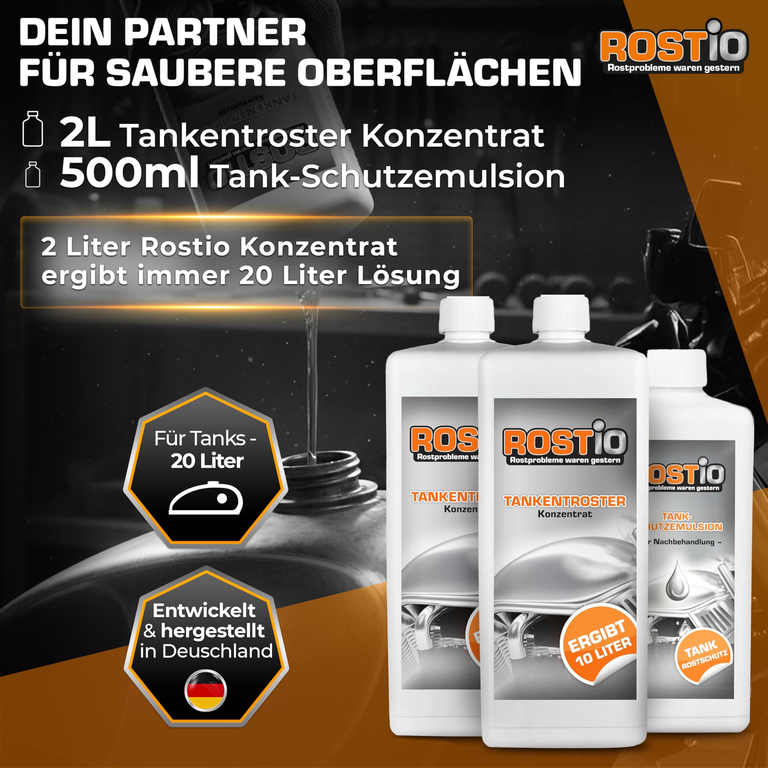 2 Litre Rostio Tank Rust Remover + 500 ml Tank Protection Emulsion Tank Sealing set – Tank Rust Removal Made Easy