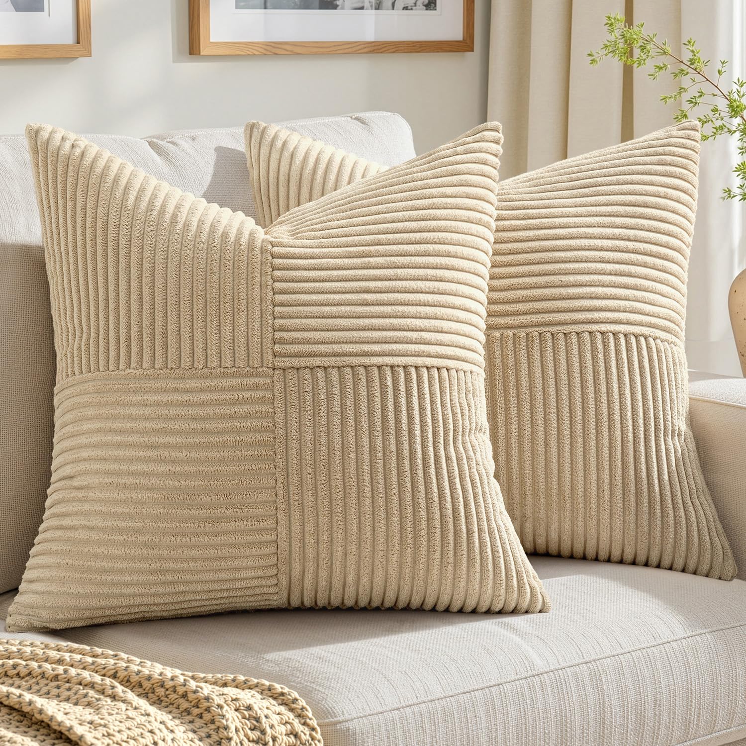 EMEMA Kordsamt Kissenbezug Patchwork Kissenhülle Beige Zierkissenbezug Dekokissen