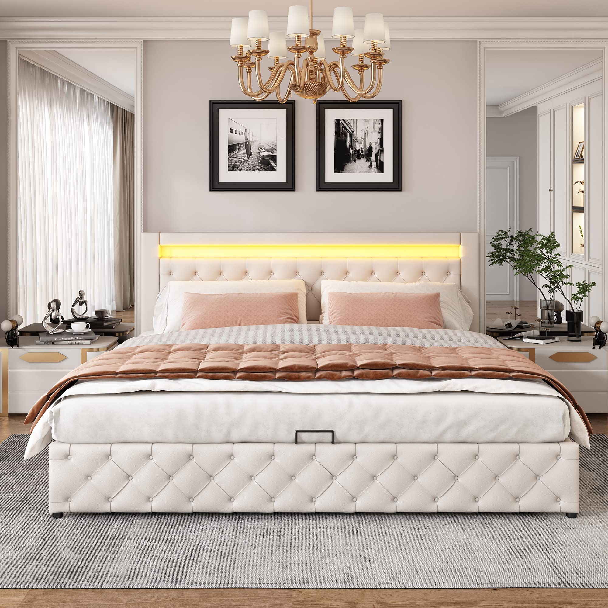 Cama hidráulica de 180 x 200 cm, Cama de Matrimonio con somier y Espacio de Almacenamiento, Incluye Barra de iluminación LED (Blanco, 180 x 200cm)