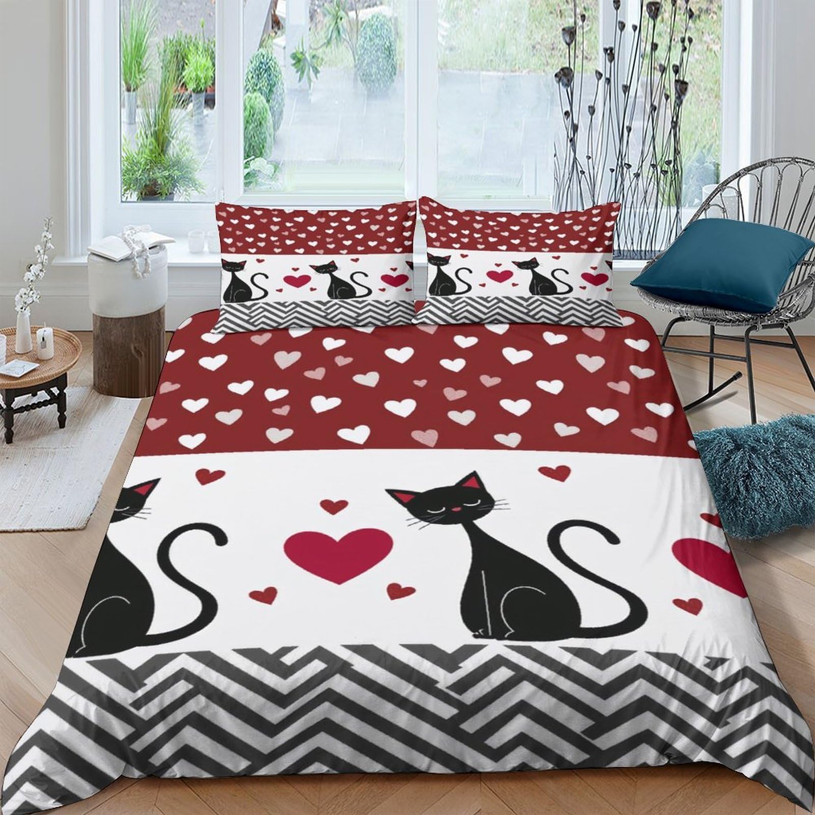 Ctjqhvkz Style-5 3D Printed Black Cat Heart Fitted Sheet Microfiber Soft Anti-Slip Red White Decorative Mattress Cover For Bedroom Guest Room Single（135X200cm）
