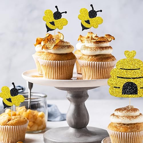 Miniatura 6 de Whaline 64 piezas de decoración para cupcakes de abeja brillante con palillos, punta de pegamento, color amarillo y negro con purpurina de abeja,