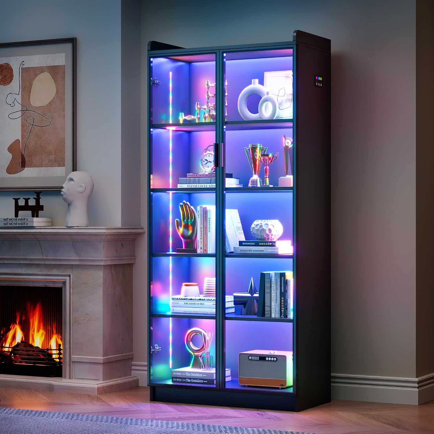FREDEES 5-Tier Display Cabinet with Glass Doors and RGB Lights, Black