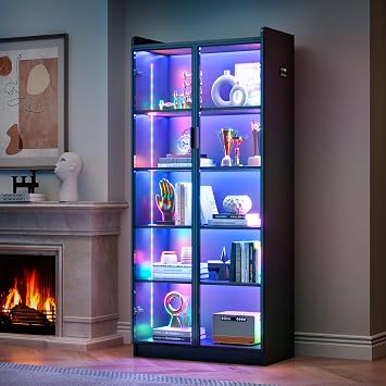 FREDEES Display Cabinet with Glass Doors, 5-Tier Curio Cabinet with Motion Sensor RGB Lights, 65" Tall Glass Display Case with Adjustable Shelves for Collectibles, Figures, Books, Black