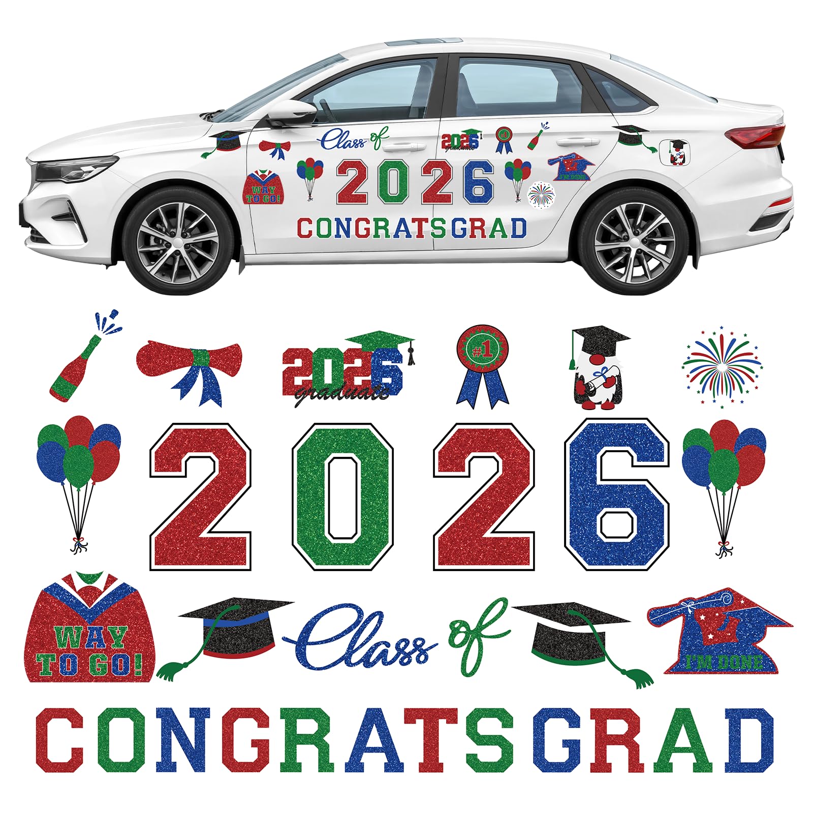 Photo 1 of 2026 Graduation Car Magnets Decorations Congrats Grad Car Magnets Stickers Mixed Colors Graduation Car Decorations for Cars Metal Surface Fridge Garage Mailbox Graduation Party Supplies
