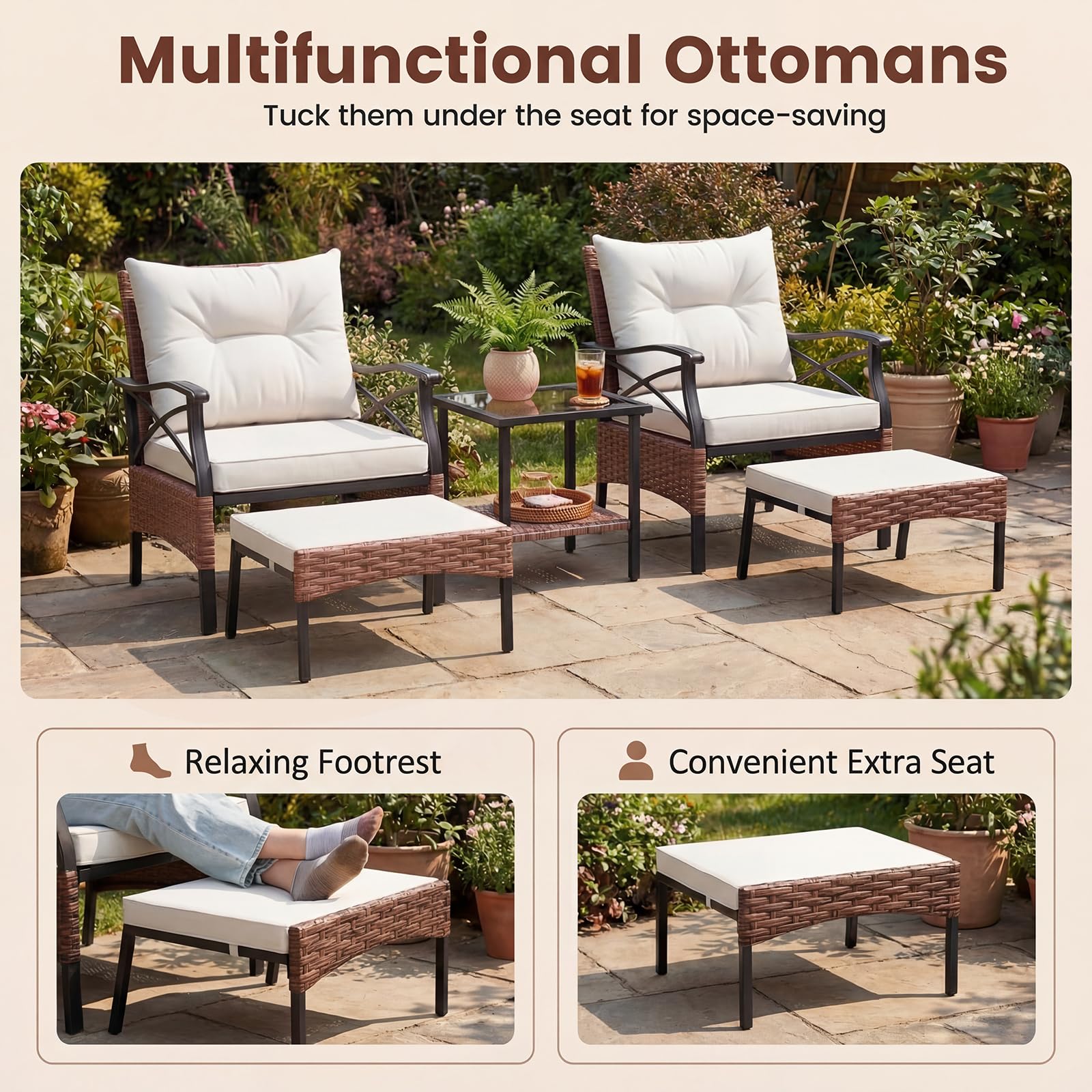 GIANTEX Conjunto Muebles Jardín Exterior de Ratán 5 Piezas, 2 Sillones, 2 Otomanas y Mesa de Vidrio, Cojines Extraíbles, para 2-4 Personas, Juego de Conversación para Patio Terraza (Marrón+Beige)
