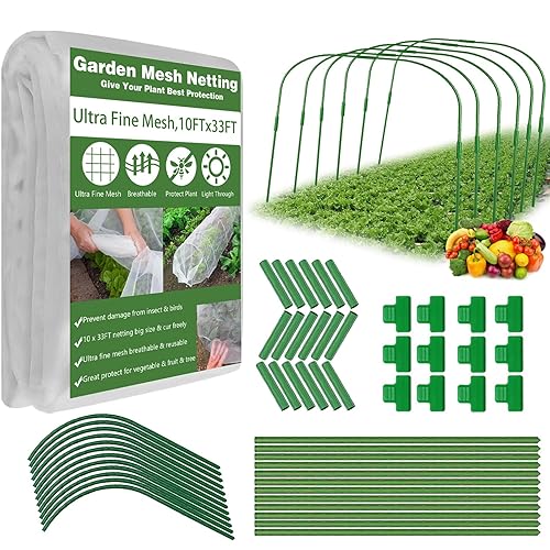 Garden Mesh Netting Kit, 10x33FT Ultra Fine Mesh Netting with 6 Sets Fiberglass Garden Hoops & 18 Clips for Tree Fruit Barrier Vegetable Fruits Flowers Shrubs Plant Covers Net