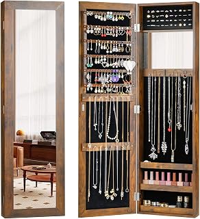 GIANTEX Wall Mounted Jewelry Cabinet with Full Length Mirror, Over The Door Jewelry Armoire Organizer with Large Storage, Makeup Mirror & Velvet Lining (Rustic Brown)