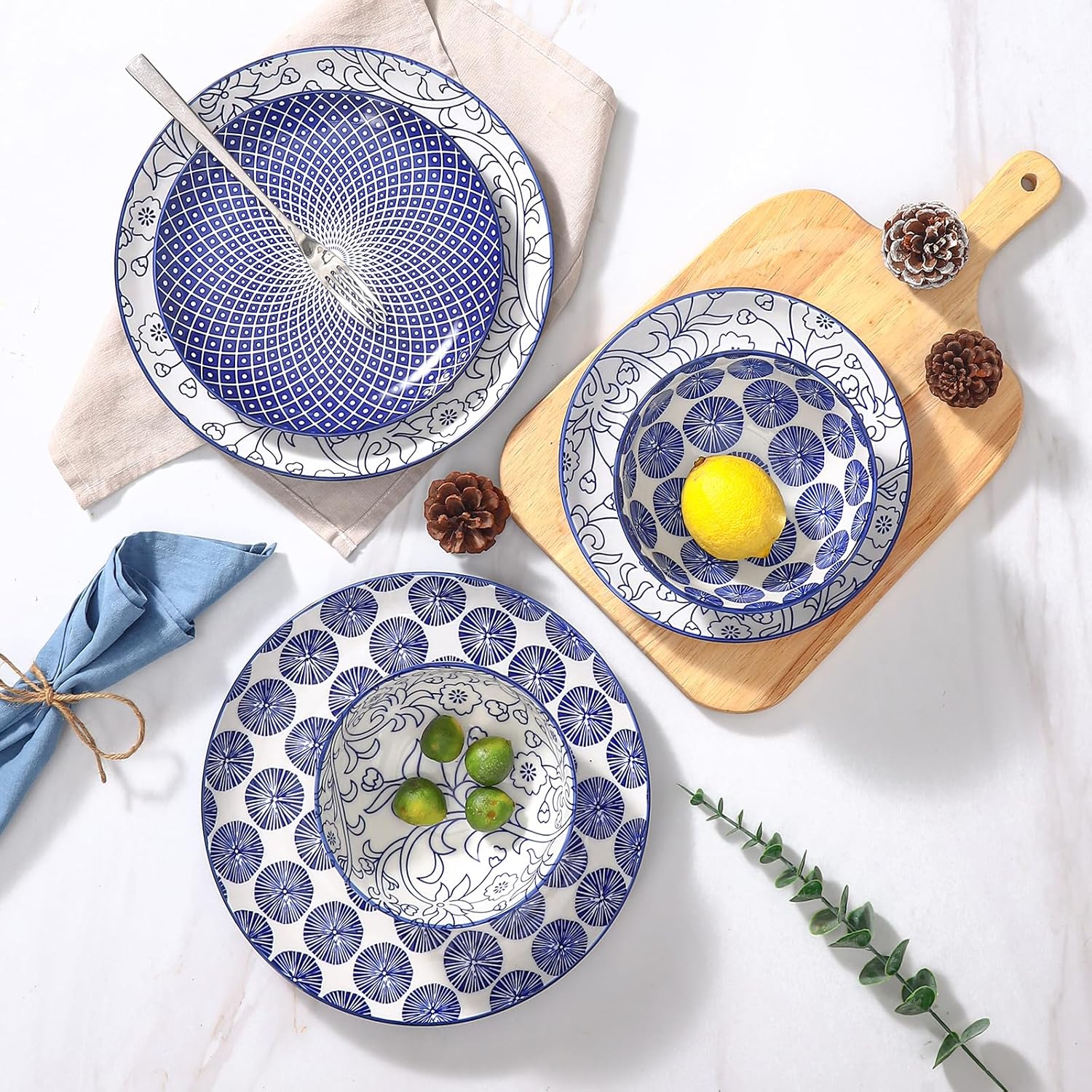 Selamica Ceramic Plates and Bowls Sets,12 Pieces Dinnerware Sets for 4,Scratch Resistant Dish Set,Dishwasher & Microwave Safe, Vintage Blue - Image 4