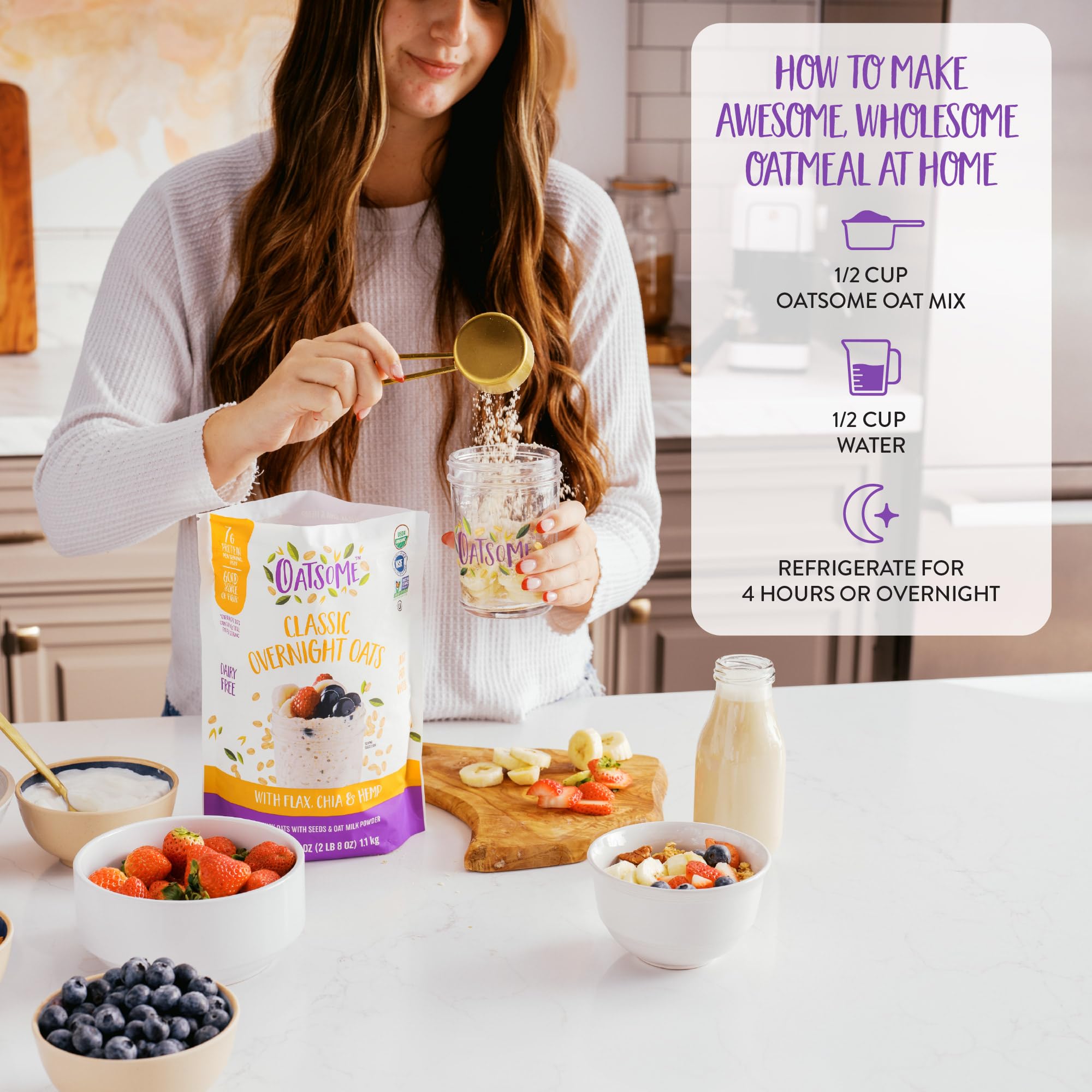 Oatsome Organiczne płatki owsiane na noc z chią, lnem i konopiami, bezglutenowe płatki owsiane z 7 g białka, worek 1,1 kg