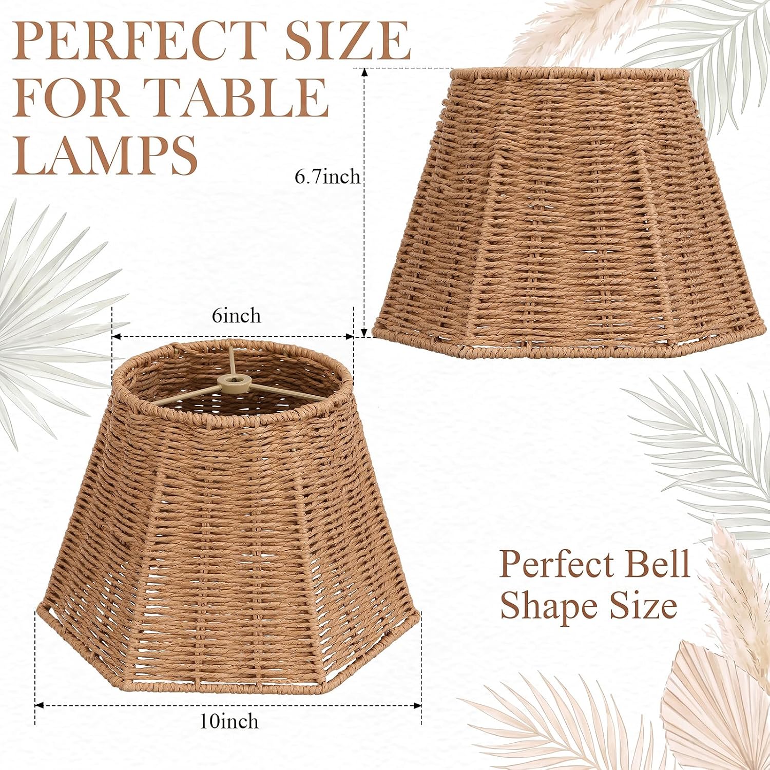 Woven Lamp Shades Set of 2, 6 x 10 x 8 Small Boho Lampshade Bell Shape Replacement Lampshade with Spider Fitter for Table Lamp Bedside Farmhouse Rustic (Paper Rope)