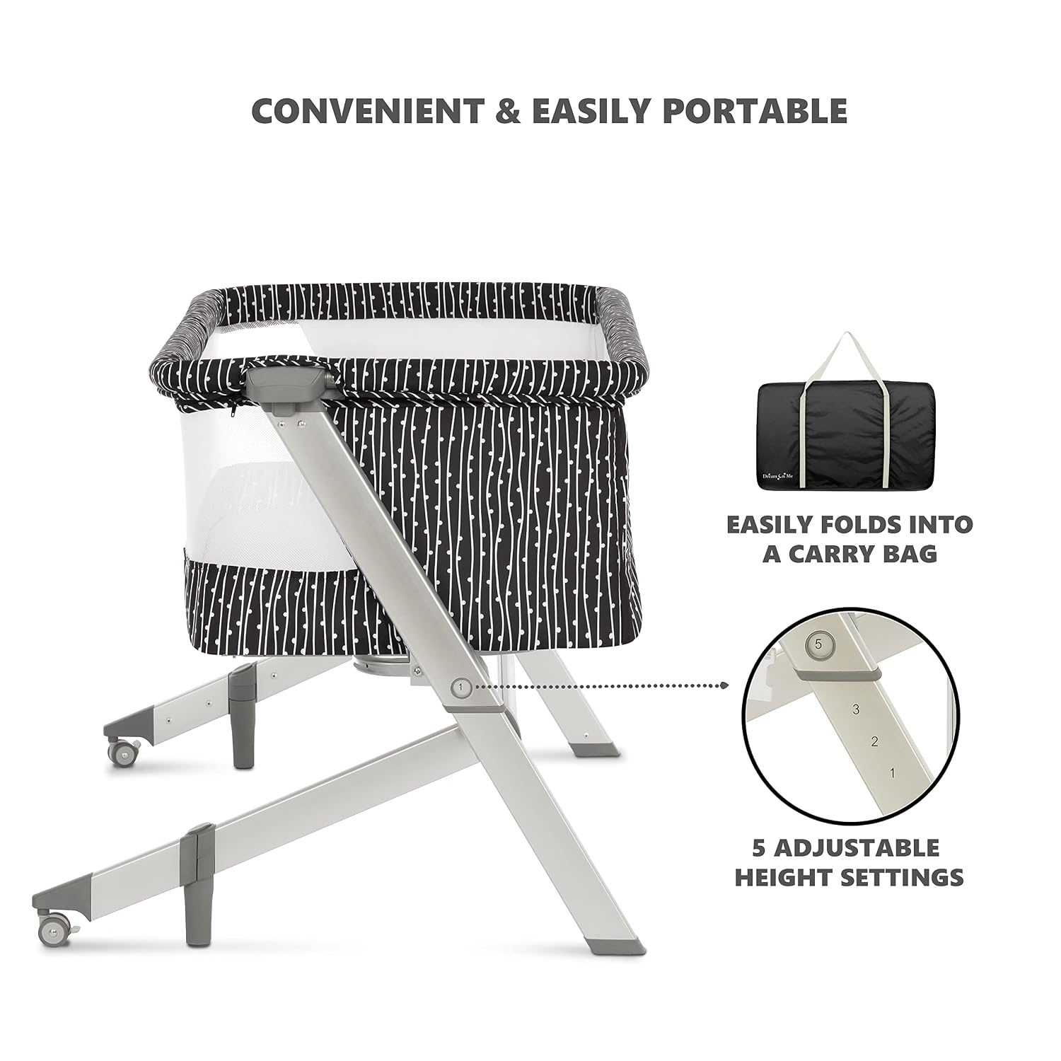 Dream On Me Flora Bassinet | Compact & Modern, Black and White