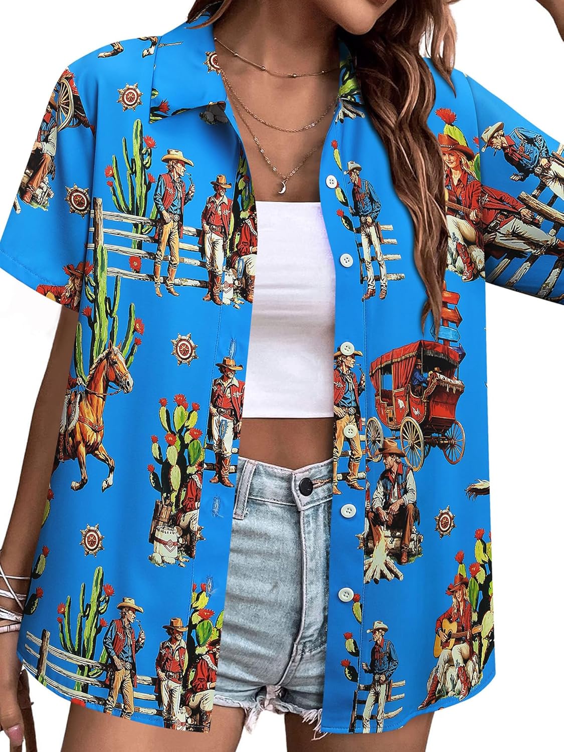 MYMORE Women's Western Cowgirl Button Up Shirt Vintage Print Short Sleeve Hawaiian Shirt Top Cute Country Concert Outfit