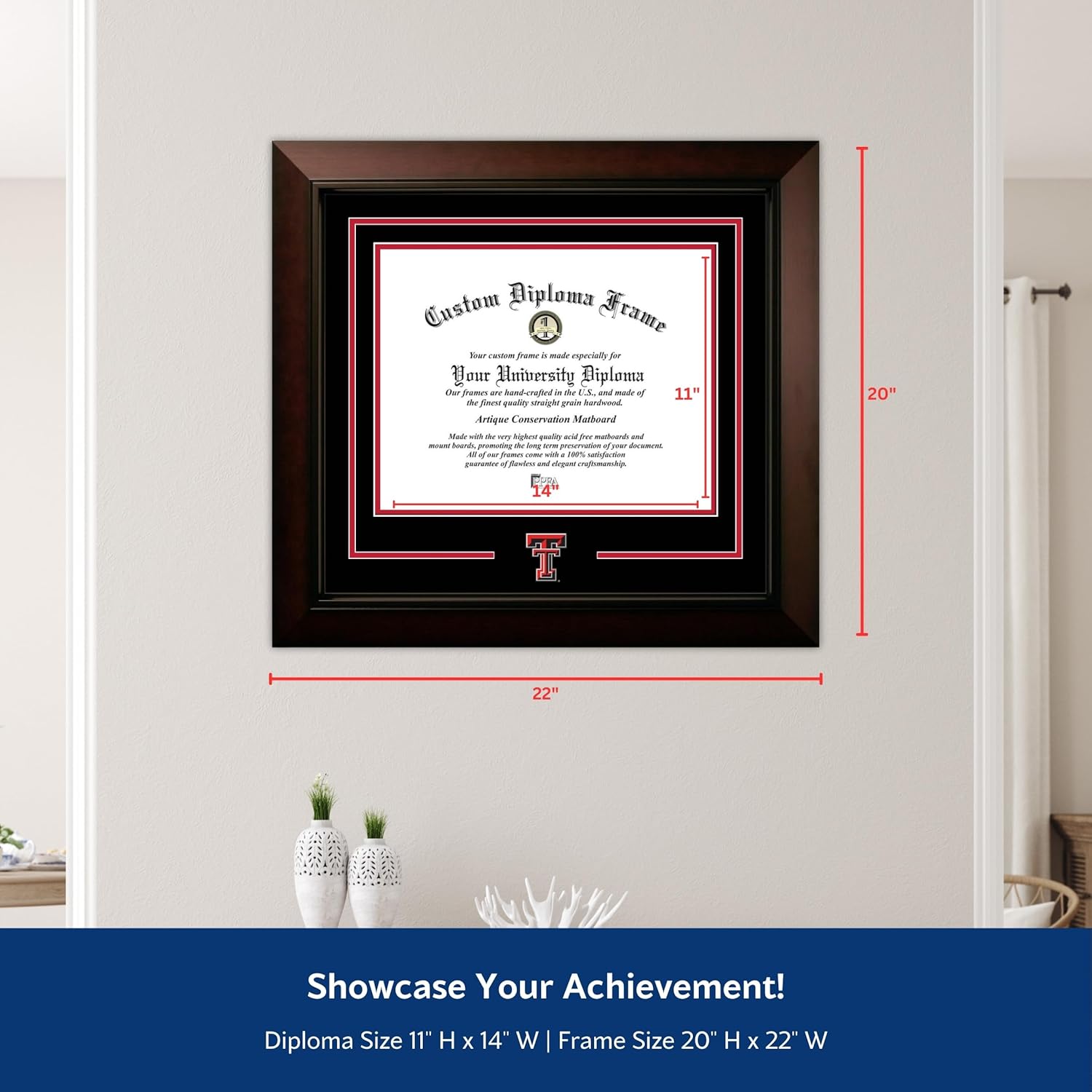 Campus Images Texas Tech University Diploma Frame – 11 x 14 Legacy Black Cherry – Printed Logo – Black & Red Mats