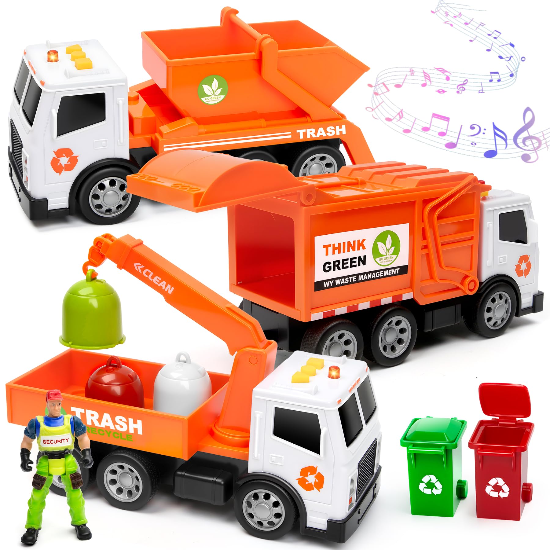 BunnyJOY Müllauto Spielzeug Set für Kinder ab 3 Jahre, LKW mit Licht & Sound, Friktion Müllwagen, Kranwagen, Müllkipper & Hecklader inkl. Mülltonnen & Figur, Lernspielzeug Geschenk