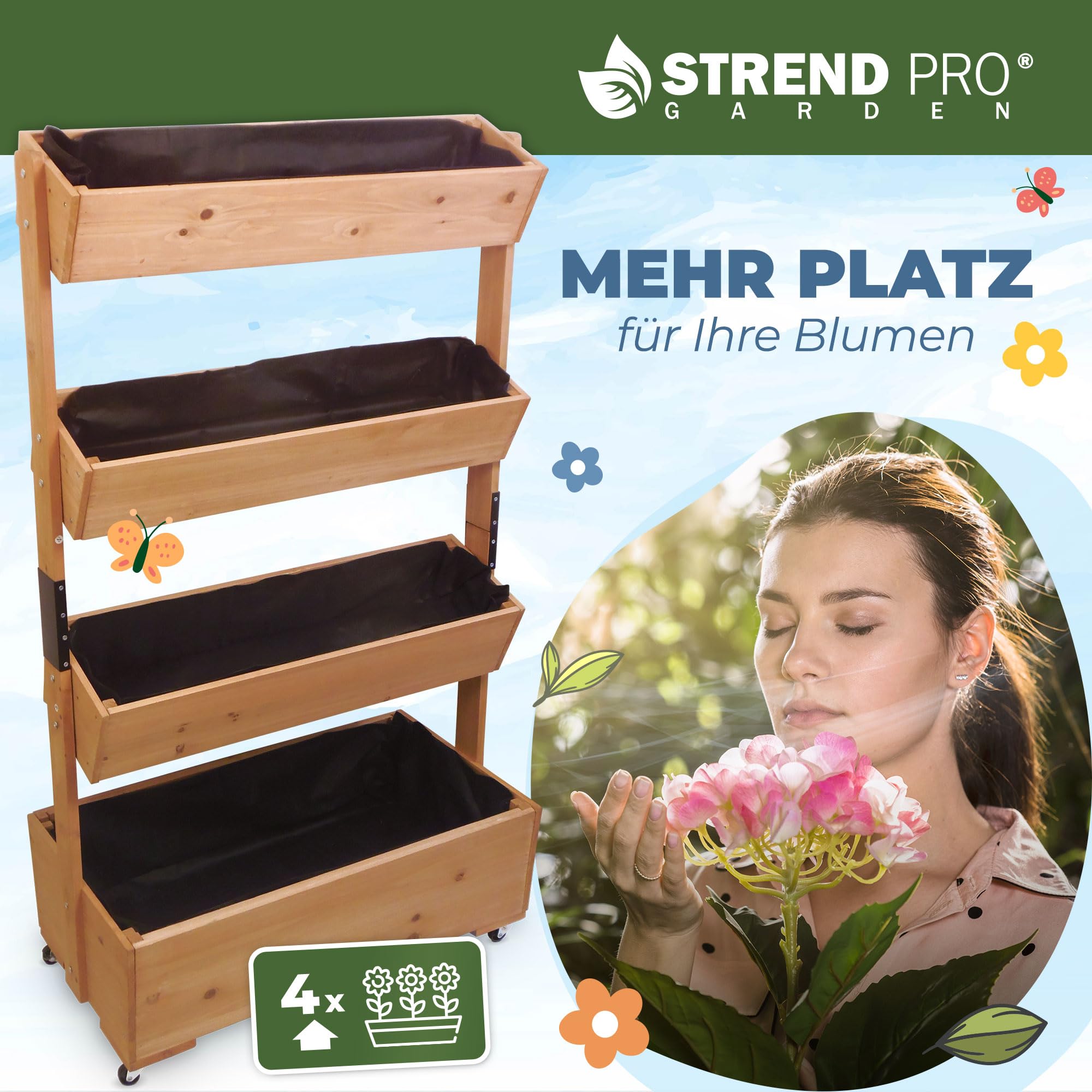 STREND PRO Balkon Hochbeet 4 Etagen Holz | 147x85x45cm (HxBxT) | Wetterfestes Vertikalbeet Pflanzentreppe Outdoor | Kräuterbeet Balkon für Blumen, Kräuter & Gemüse – für Terrasse, Garten