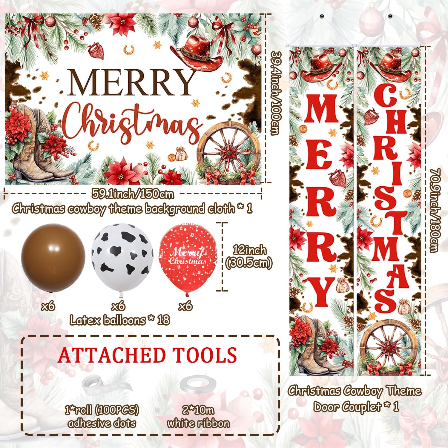 Western Cowboy Themed Christmas Party Decoration Backdrop - Boots, Hat, Flower Photography Background - Merry Christmas Porch Sign Banner for Holiday Xmas Supplies