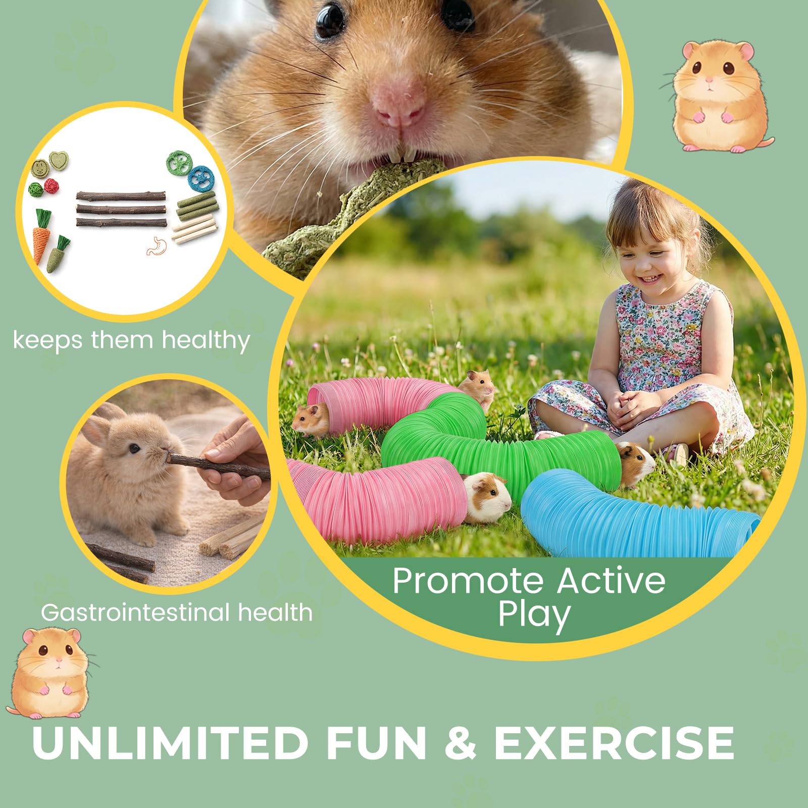 19 tubos para hámster y juguetes masticables de madera para hámster, juguetes naturales para el enriquecimiento, accesorios de jaula para mascotas para sirio, accesorios de jaula para el cuidado de