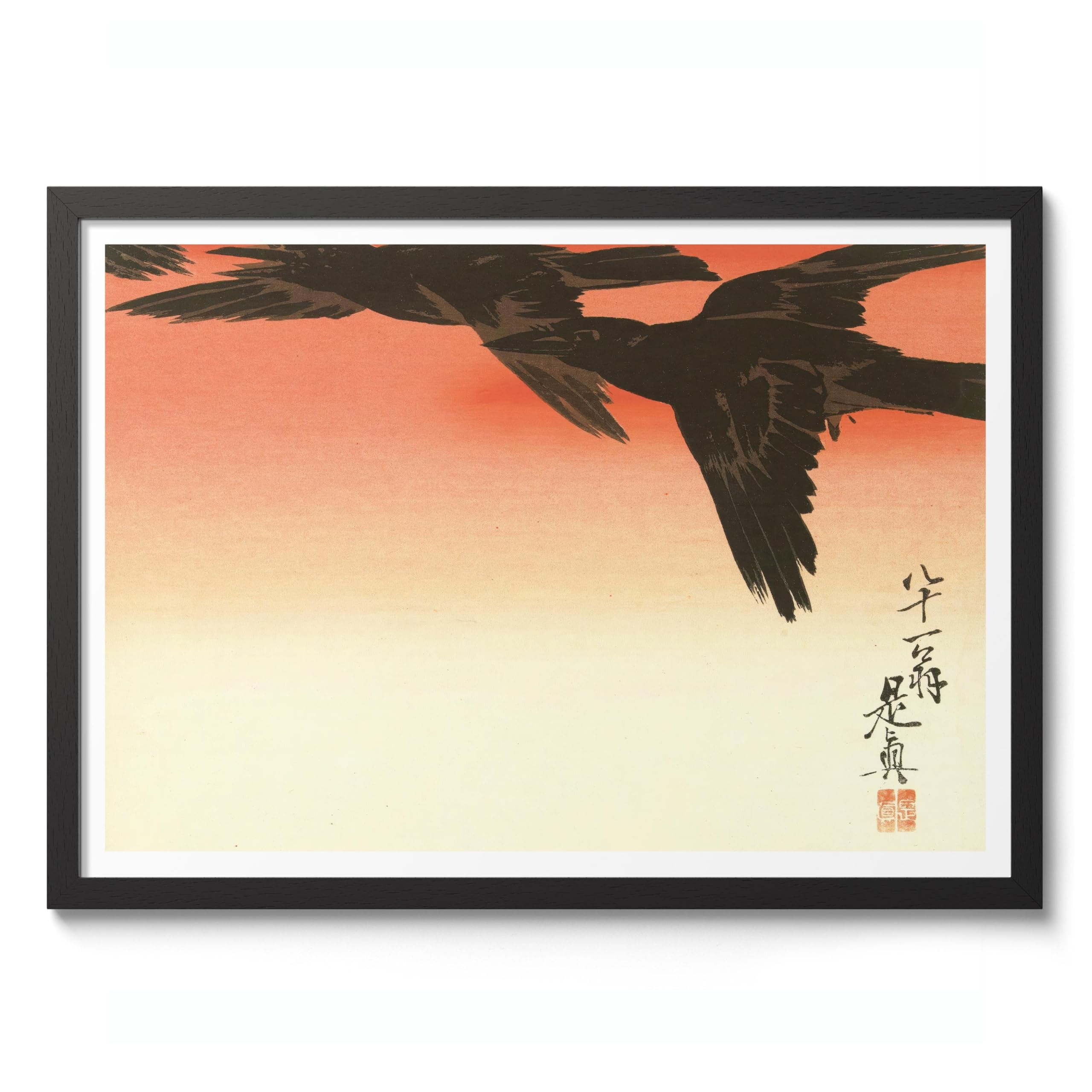 Crows Against A Red Sky Shibata Zeshin Poster, Japanese Woodblock Ukiyo-E Print, Vintage Art Picture Painting Wall Art Exhibition, Archival Matte, A2 (Black Frame) - 59.4x42cm