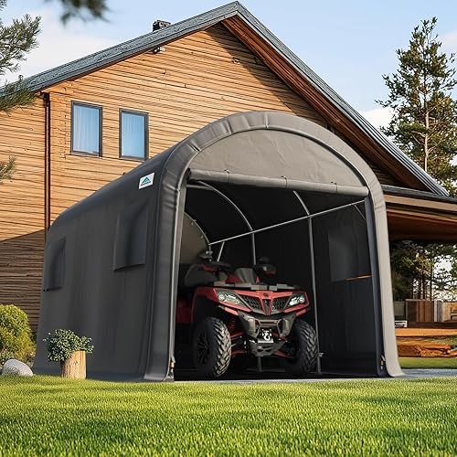 ADVANCE OUTDOOR 10x15 ft Shelter Storage Shed Steel Metal Round Peak Roof Portable Garage Carport for Motorcycle, Boat, or Garden Tools with 2 Roll up Doors & Vents, Gray
