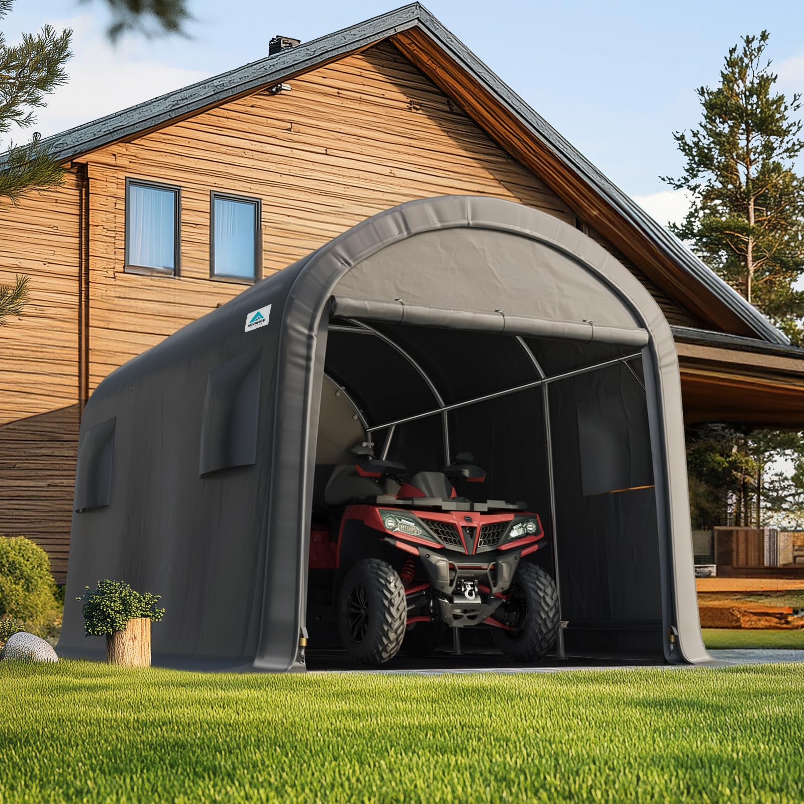 ADVANCE OUTDOOR 10x15 ft Shelter Storage Shed Steel Metal Round Peak Roof Portable Garage Carport for Motorcycle, Boat, or Garden Tools with 2 Roll up Doors & Vents, Gray