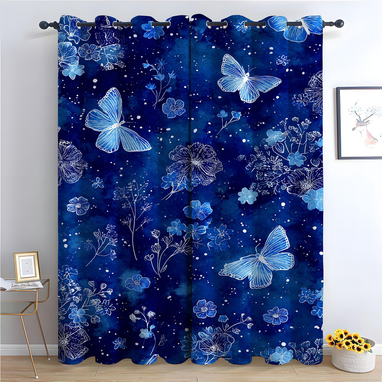 TERUEA Floral Curtains for Living Room Bedroom Watercolor blue butterfly flower speckle dark floral Urban City Night View Window Curtains-52 W x 96" L (Pack of 2)