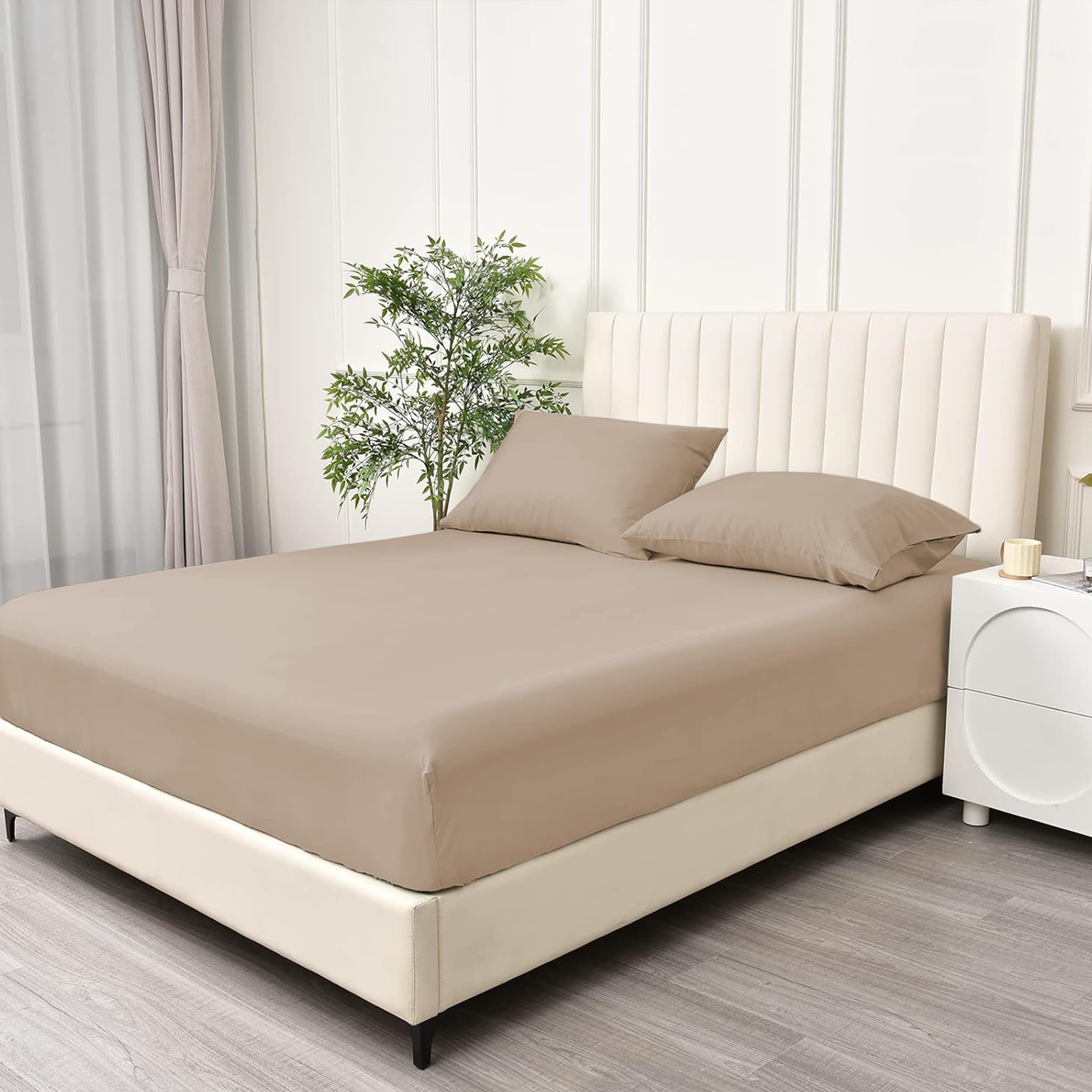 BQC Beige Fitted Sheet Double Size 135 x 200 cm, Deep Pocket 12 Inch (30cm)