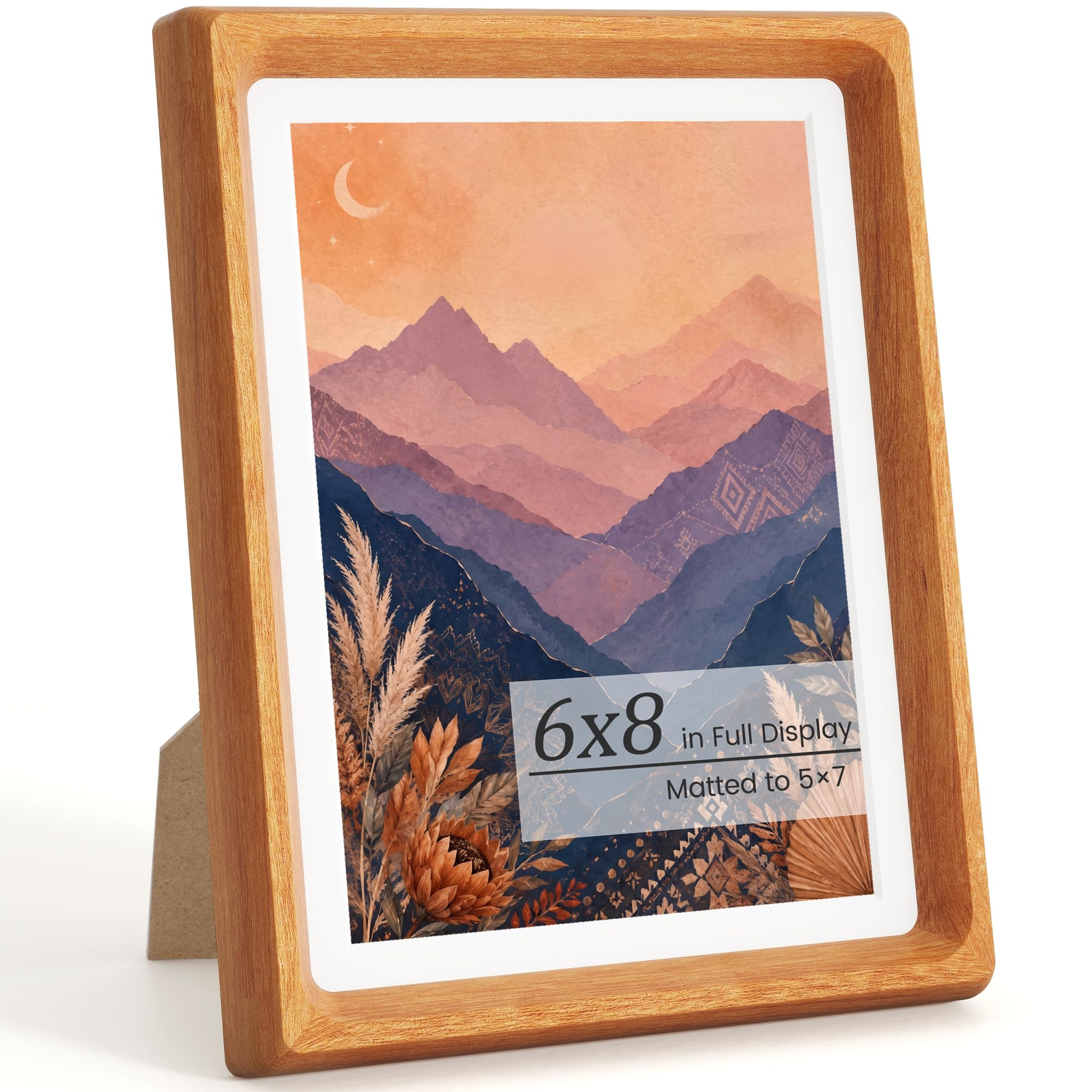 KovaScape Picture Frames, Solid Teak Wooden Frame,Round Corner Hand Craft Photo Frame, 6x8 Matted to 5x7, 6 by 8 Frame with HD Real Glass,Wall or Tabletop Display for Family Picture Artwork
