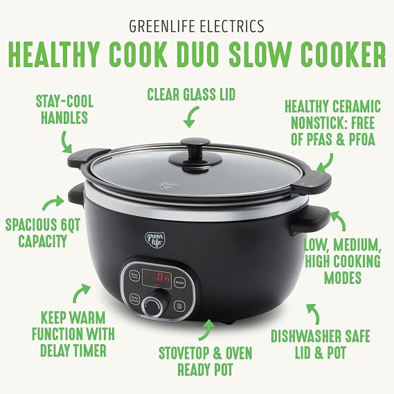 GreenLife Soft Grip 16 Piece Healthy Ceramic Nonstick Cookware Set Pots and Pans Set, 6-Quart Slow Cooker, PFAS & PFOA-Free, Dishwasher Safe, Oven Safe, Versatile Kitchen Essentials, Black Diamond