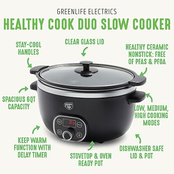 GreenLife Soft Grip 16 Piece Healthy Ceramic Nonstick Cookware Set Pots and Pans Set, 6-Quart Slow Cooker, PFAS & PFOA-Free, Dishwasher Safe, Oven Safe, Versatile Kitchen Essentials, Black Diamond
