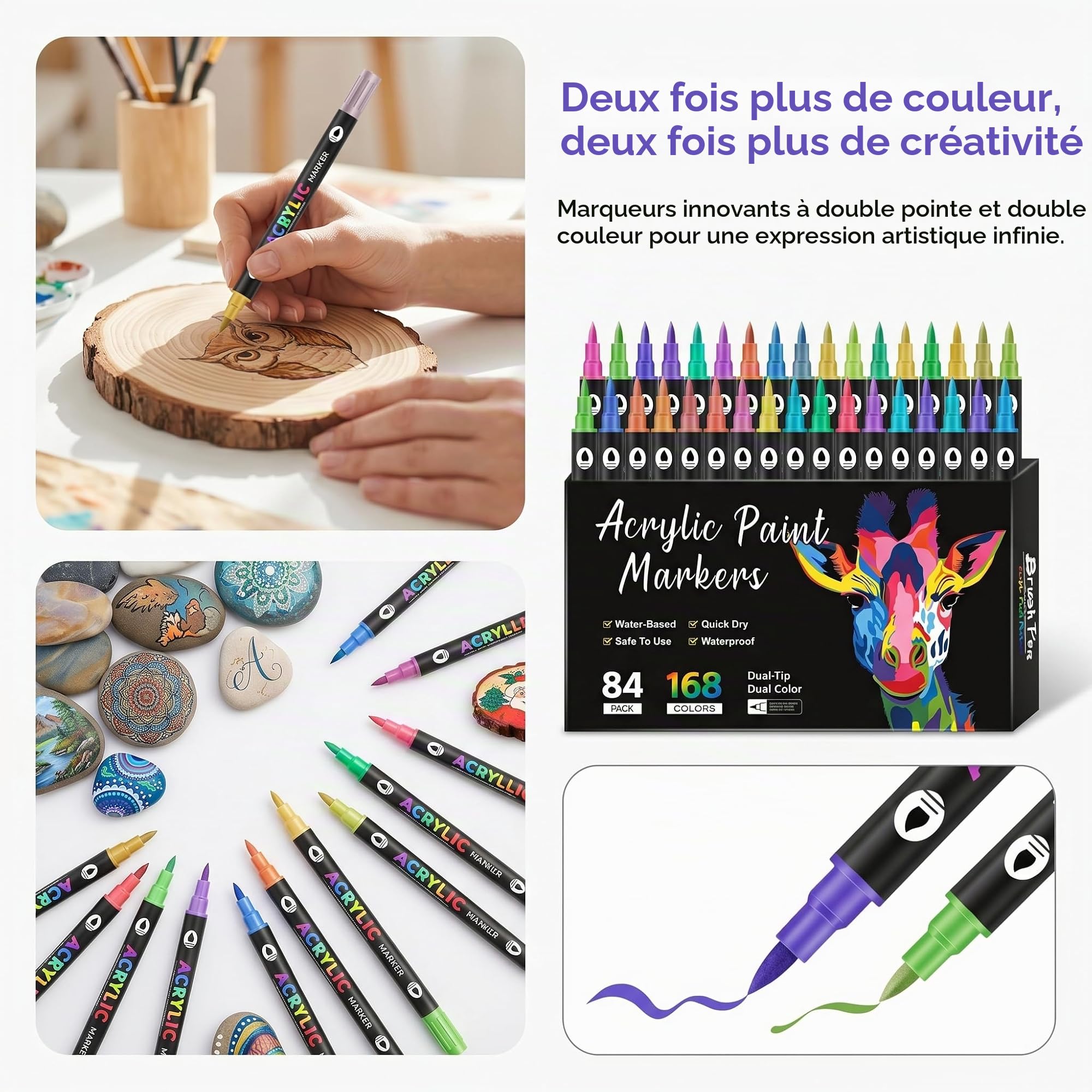 L'acryl'art - Coffret De Feutres Acryliques 168, L'acryl'art Coloriage Séchage Rapide Anti-Taches, Feutre Acrylique Coloriage Magique, Acrylic Marker Pour Pierres œU.S Bois Plastique Verre (168)