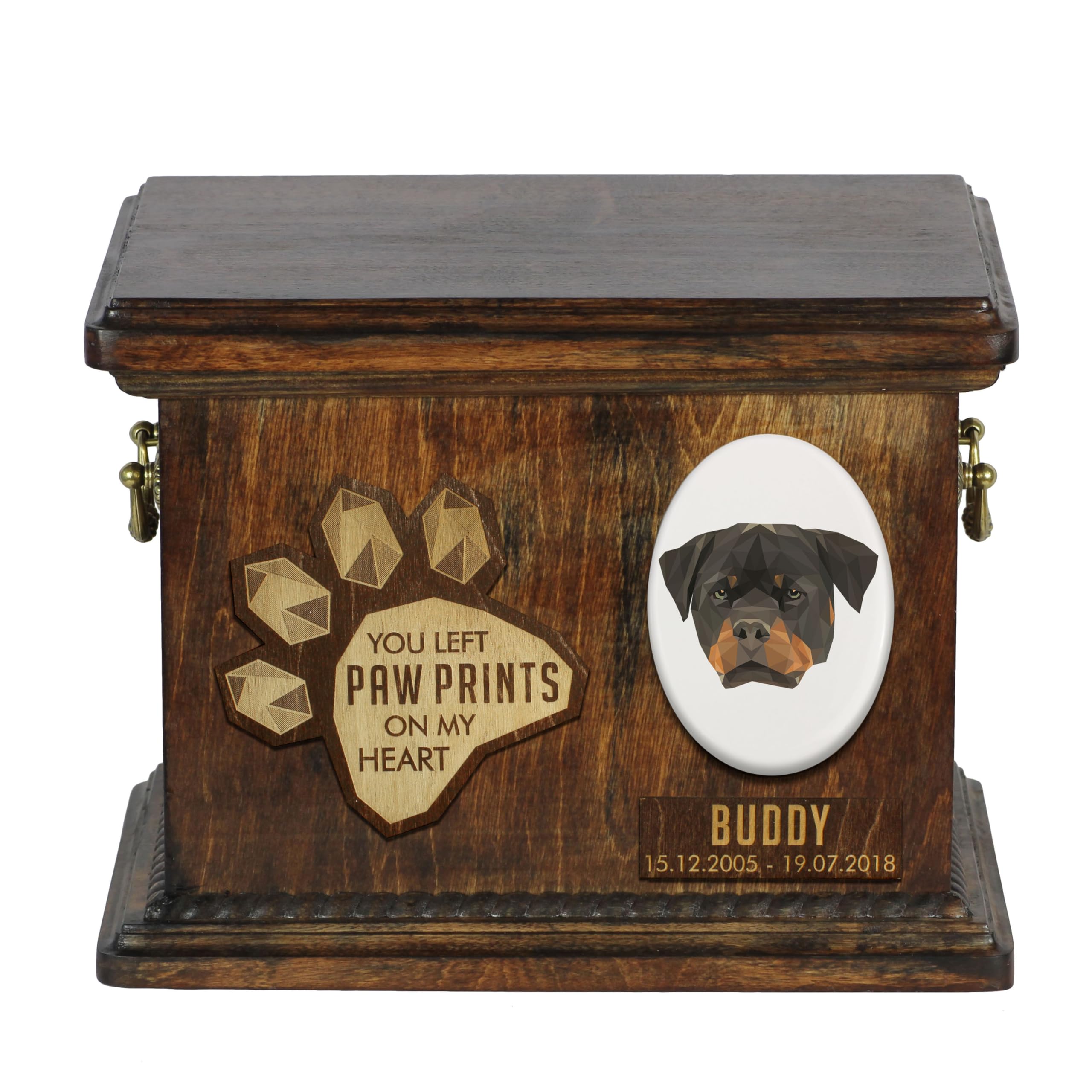 Art-Dog Custom Geometric Dog Memorial Urn - Handmade Wooden Urn – Decorative Ceramic Plate - Custom-made Dog Cremation Box for Ashes - 8,3x11,4x8,7” – Rottweiler — image 1