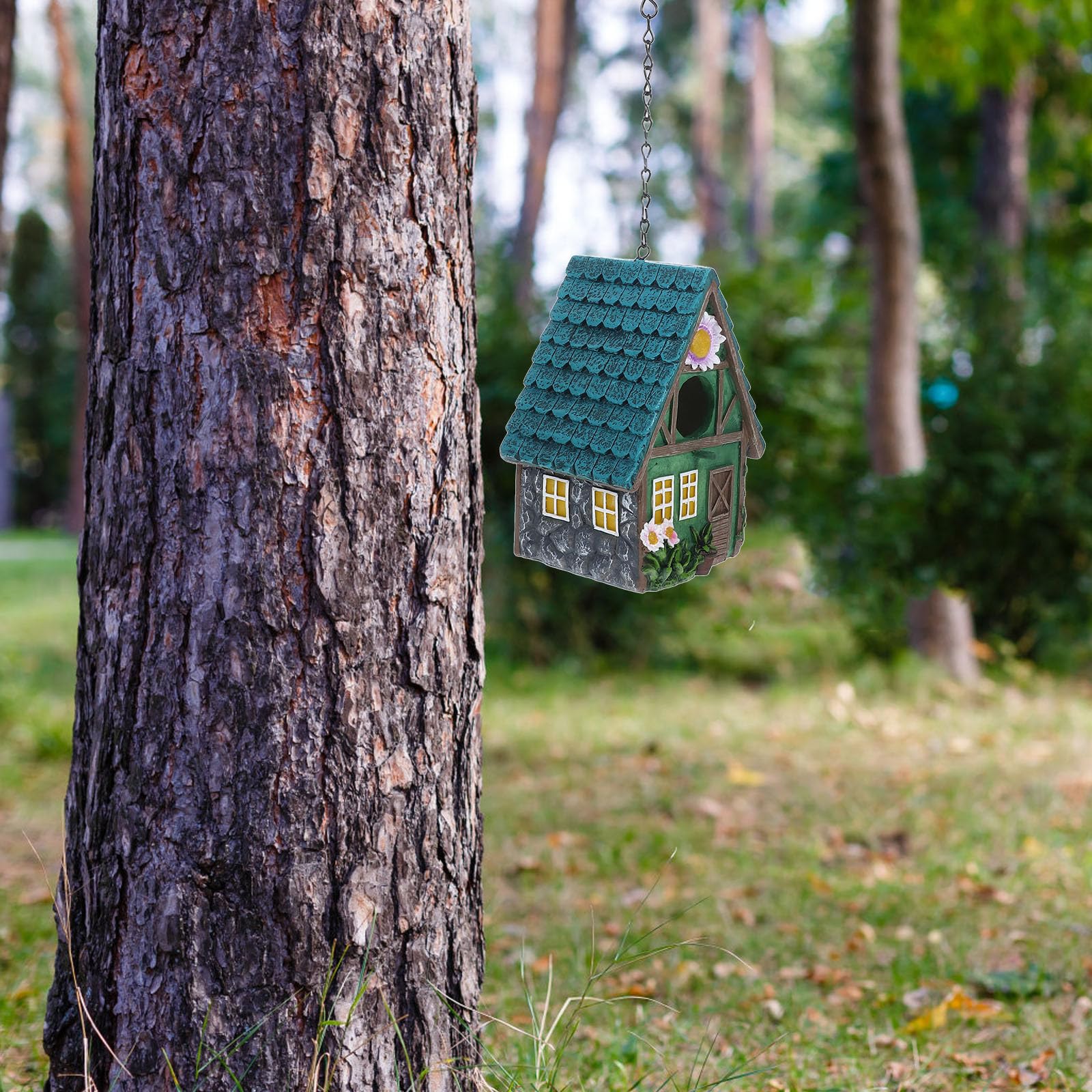 Casa para Pájaros de Resina Decorativa para Jardín Estilo Rústico, Fácil de Colgar y Refugio Cálido para Aves en Exterior