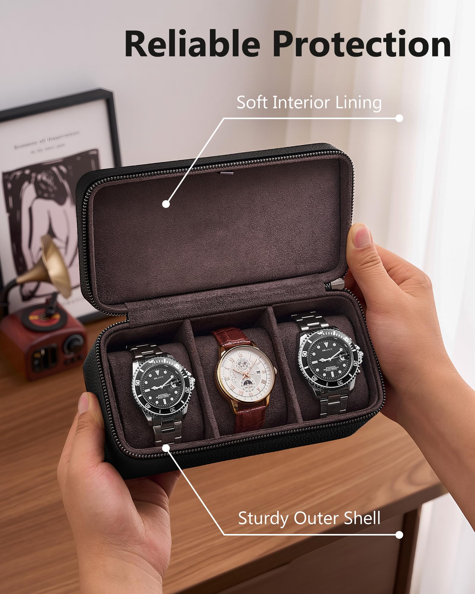 ProCase Scatola Porta Orologi Uomo 3 Posti, porta Orologi da Viaggio in pelle PU, Custodia da Viaggio per Orologi e Anelli, Ideale per Regalo -Nero